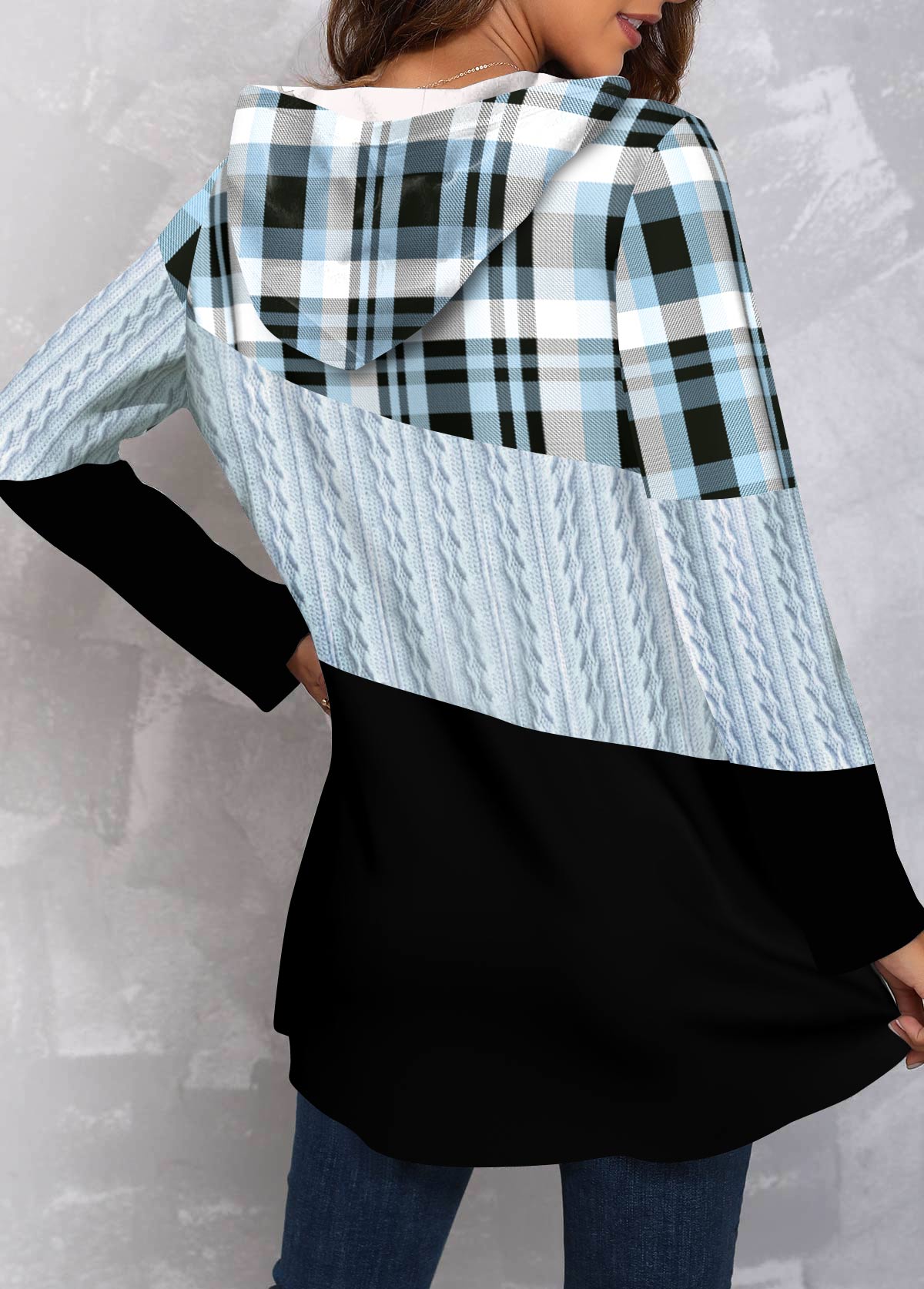 Light Blue tops,Plaid tops,Geometric tops,ROTITA Twisted Tartan Print Light Blue Hoodie