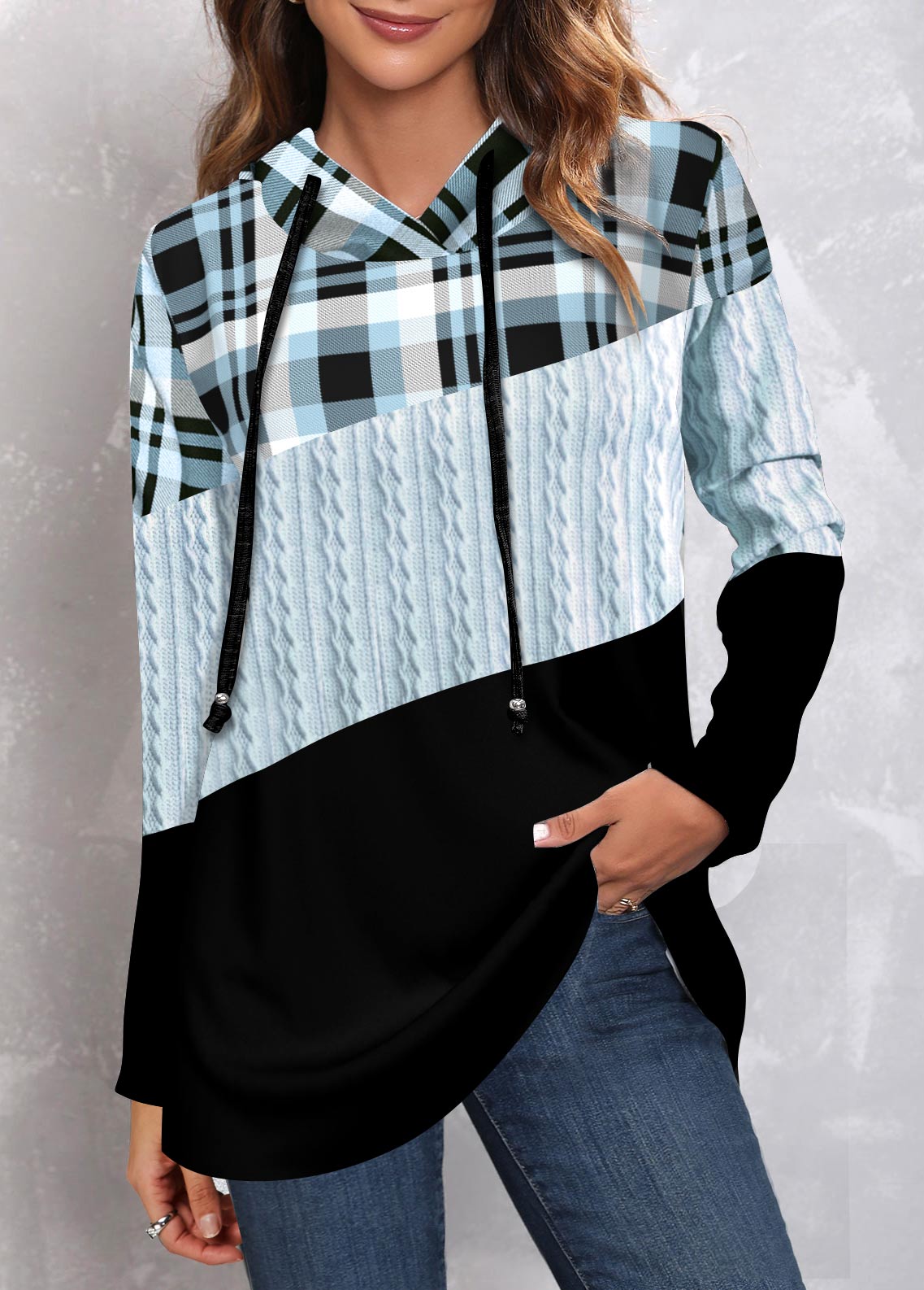 Light Blue tops,Plaid tops,Geometric tops,ROTITA Twisted Tartan Print Light Blue Hoodie