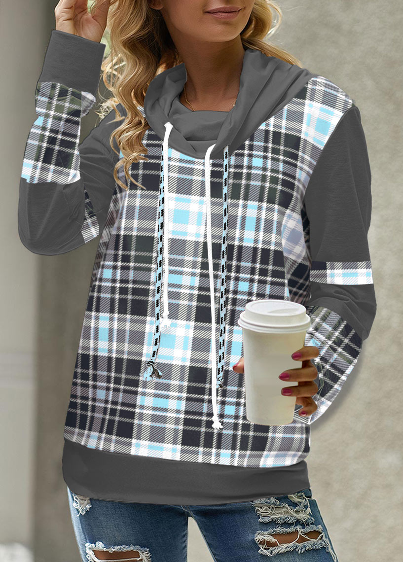 Light Blue plus size,Plaid plus size,ROTITA Plus Size Tartan Print Light Blue Cowl Neck Sweatshirt