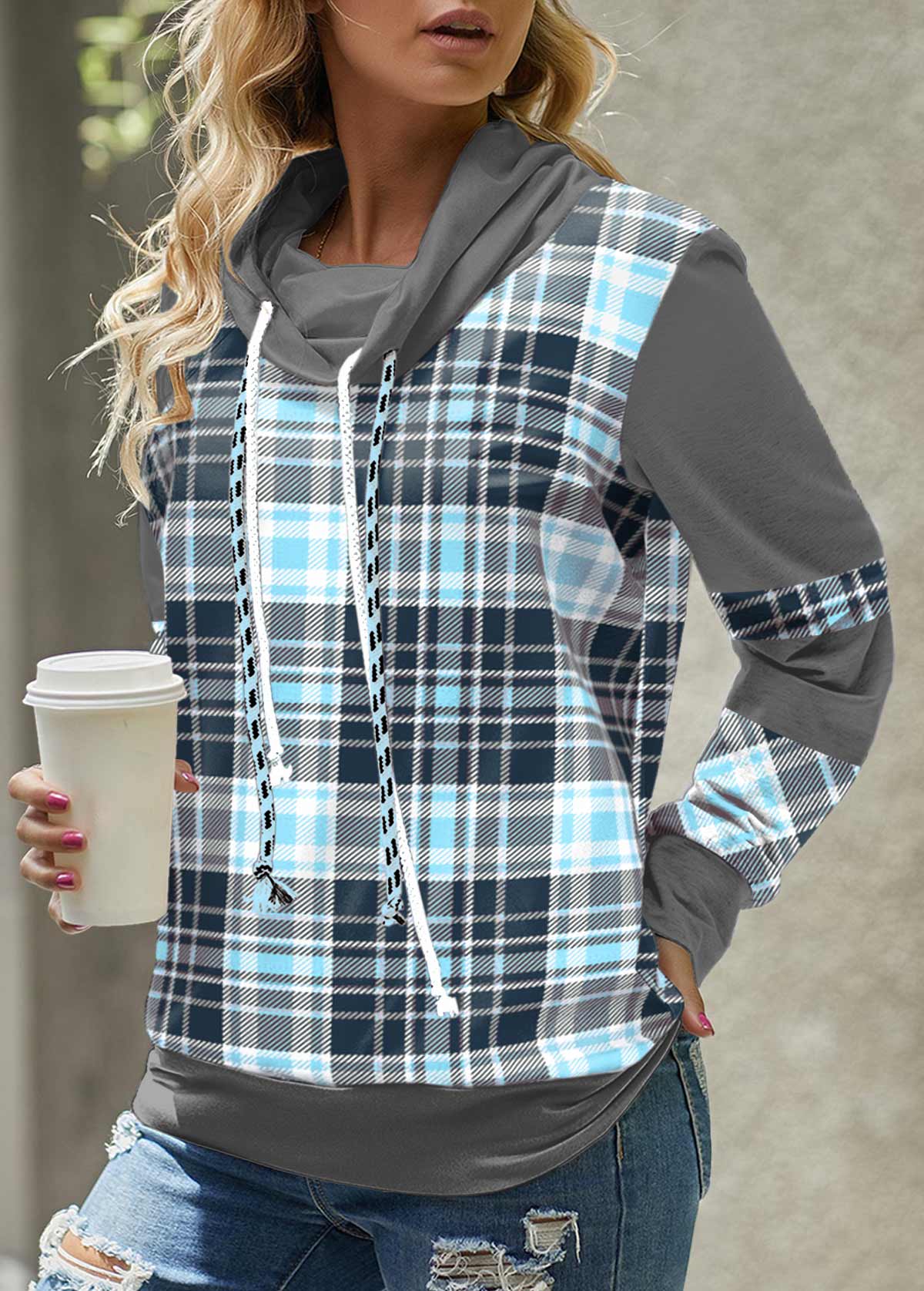 Light Blue plus size,Plaid plus size,ROTITA Plus Size Tartan Print Light Blue Cowl Neck Sweatshirt