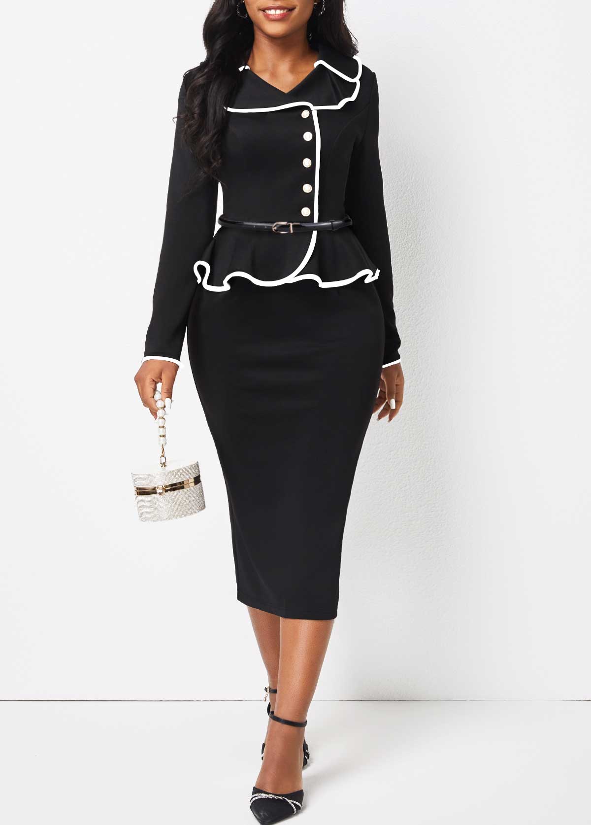 ROTITA Black Turn Down Collar Long Sleeve Bodycon Dress