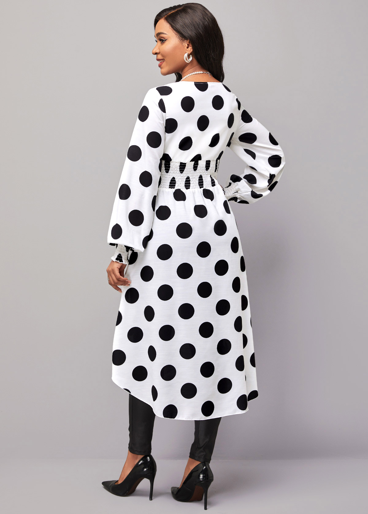 White tops,Dot tops,ROTITA Long Sleeve White Smocked Polka Dot Blouse