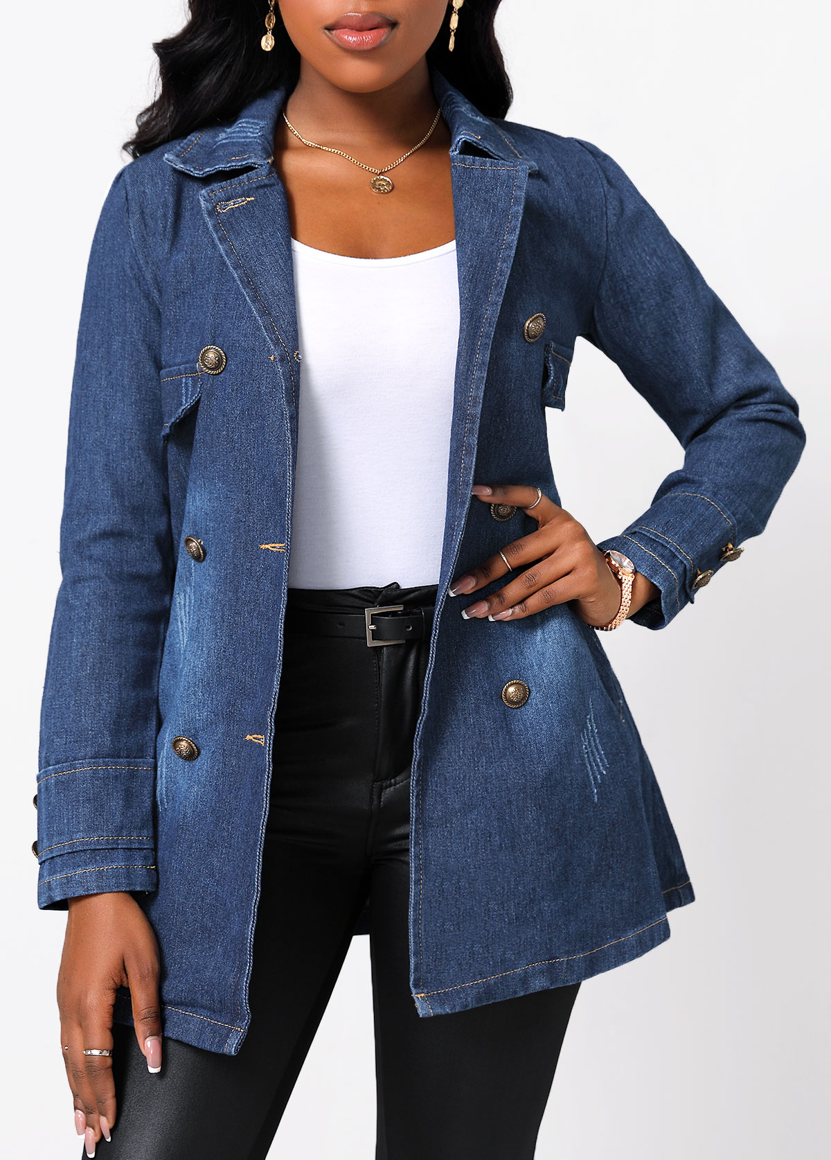 Denim Blue outerwear & coats,Plain Color outerwear & coats,Denim Blue Button Lapel Long Sleeve Jacket
