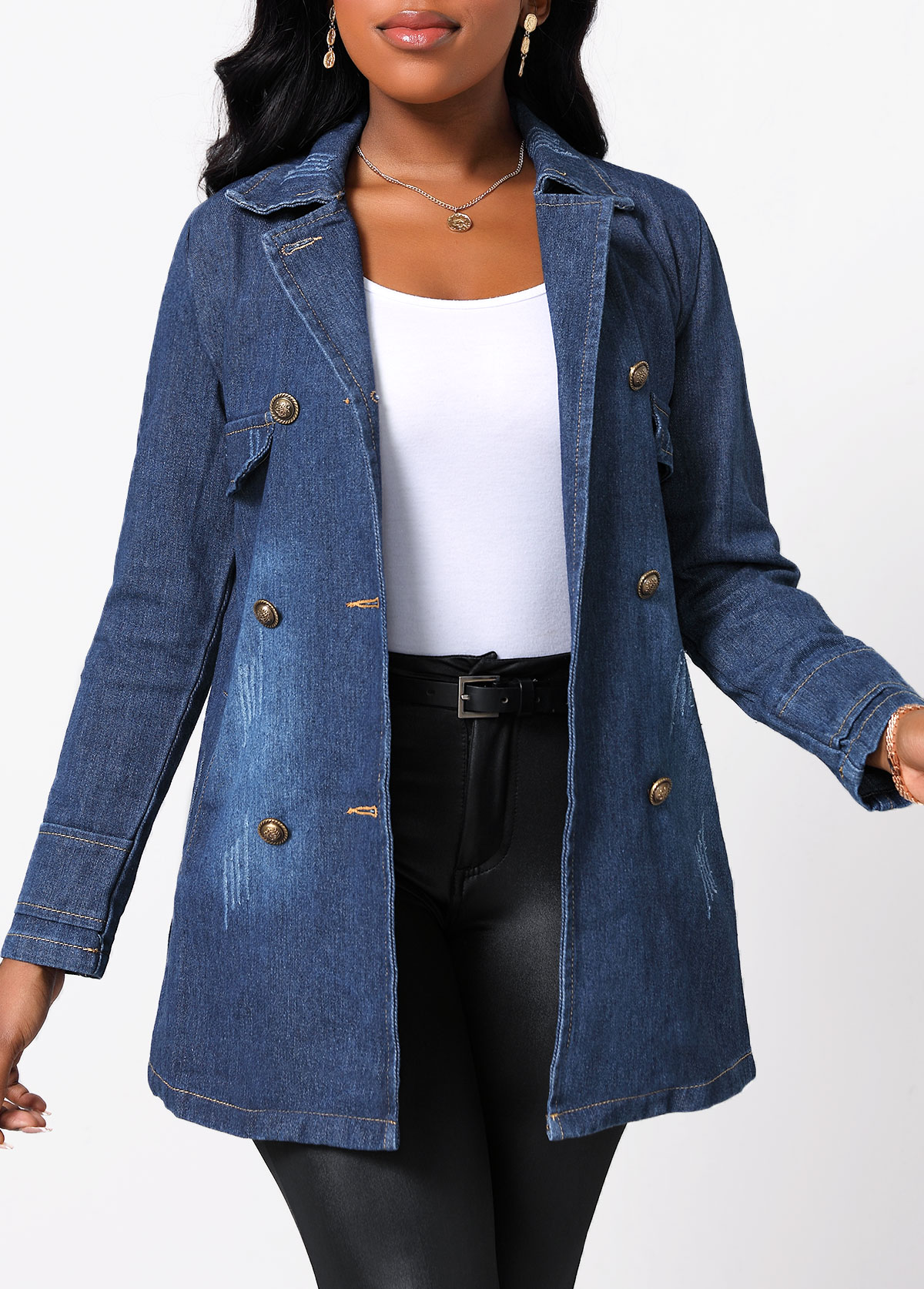 Denim Blue outerwear & coats,Plain Color outerwear & coats,Denim Blue Button Lapel Long Sleeve Jacket