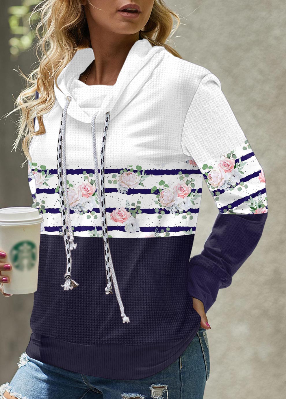 ROTITA Plus Size Floral Print Cowl Neck Navy Sweatshirt