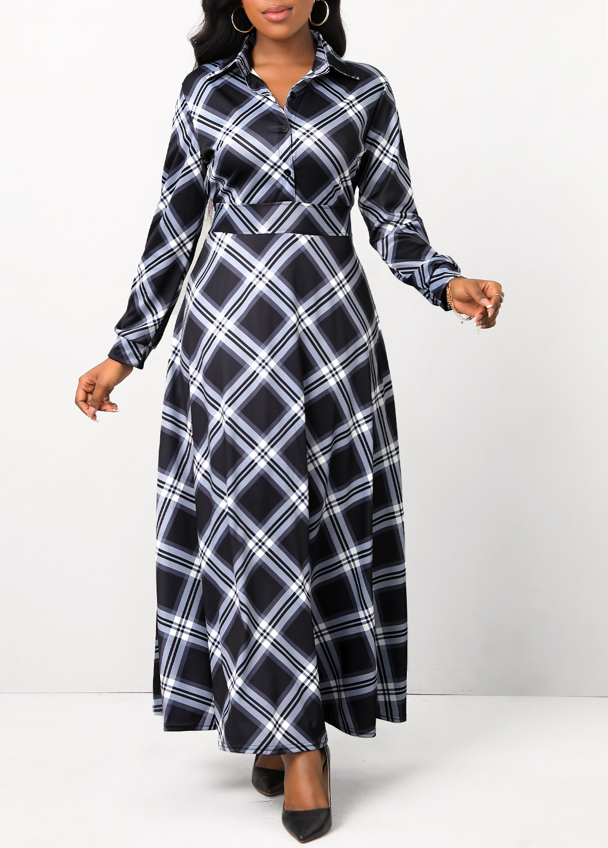Black dresses,Plaid dresses,Button Plaid Black Shirt Collar Maxi Dress