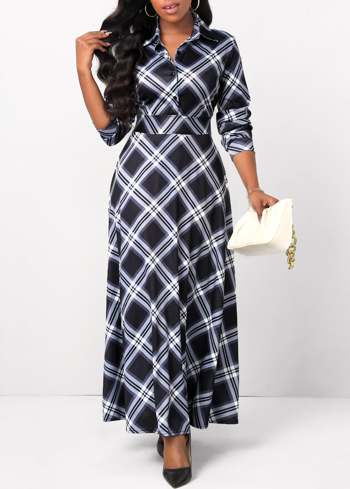 Black dresses,Plaid dresses,Button Plaid Black Shirt Collar Maxi Dress