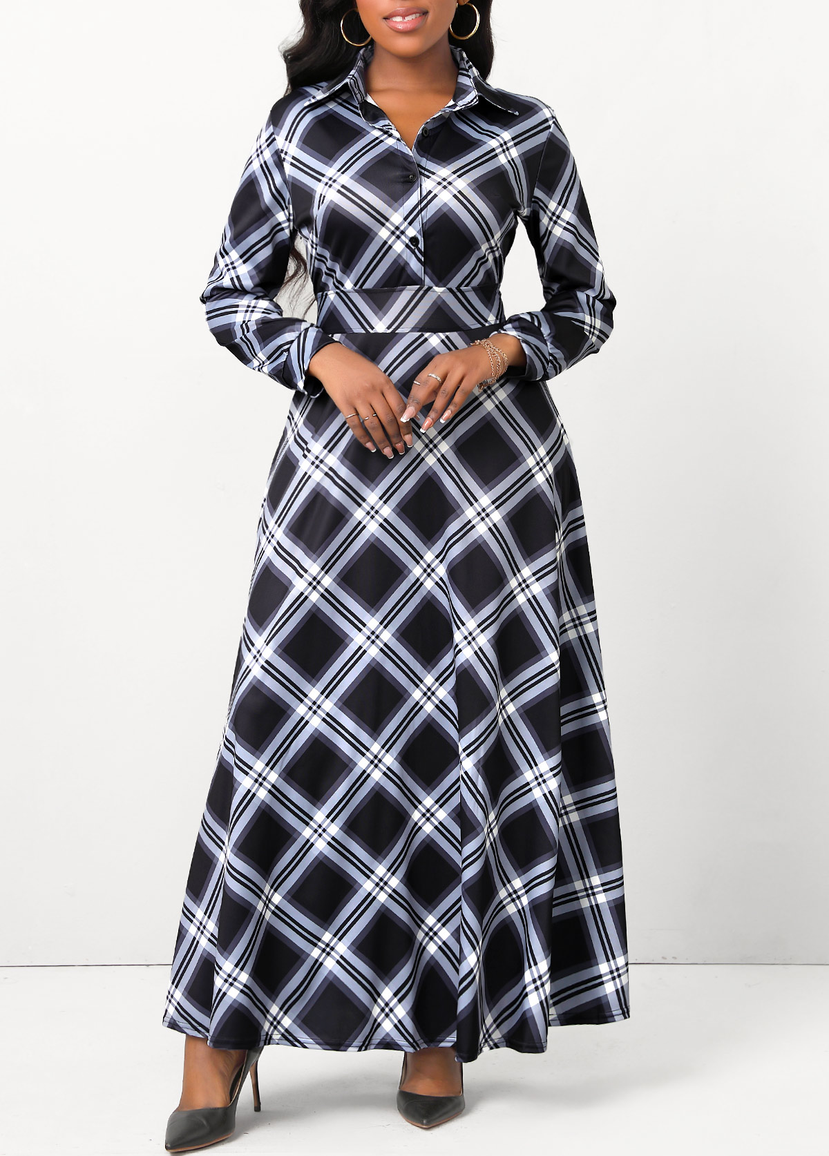 Black dresses,Plaid dresses,Button Plaid Black Shirt Collar Maxi Dress