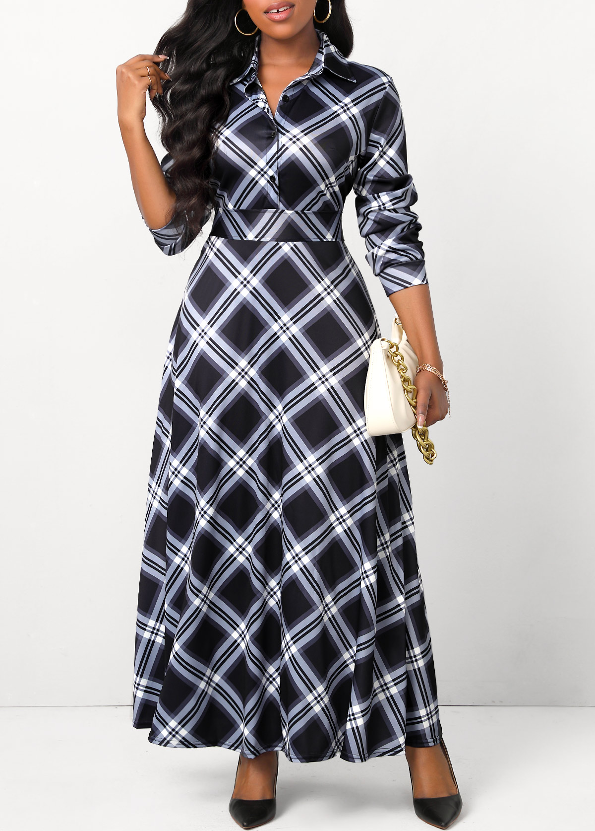 Black dresses,Plaid dresses,Button Plaid Black Shirt Collar Maxi Dress