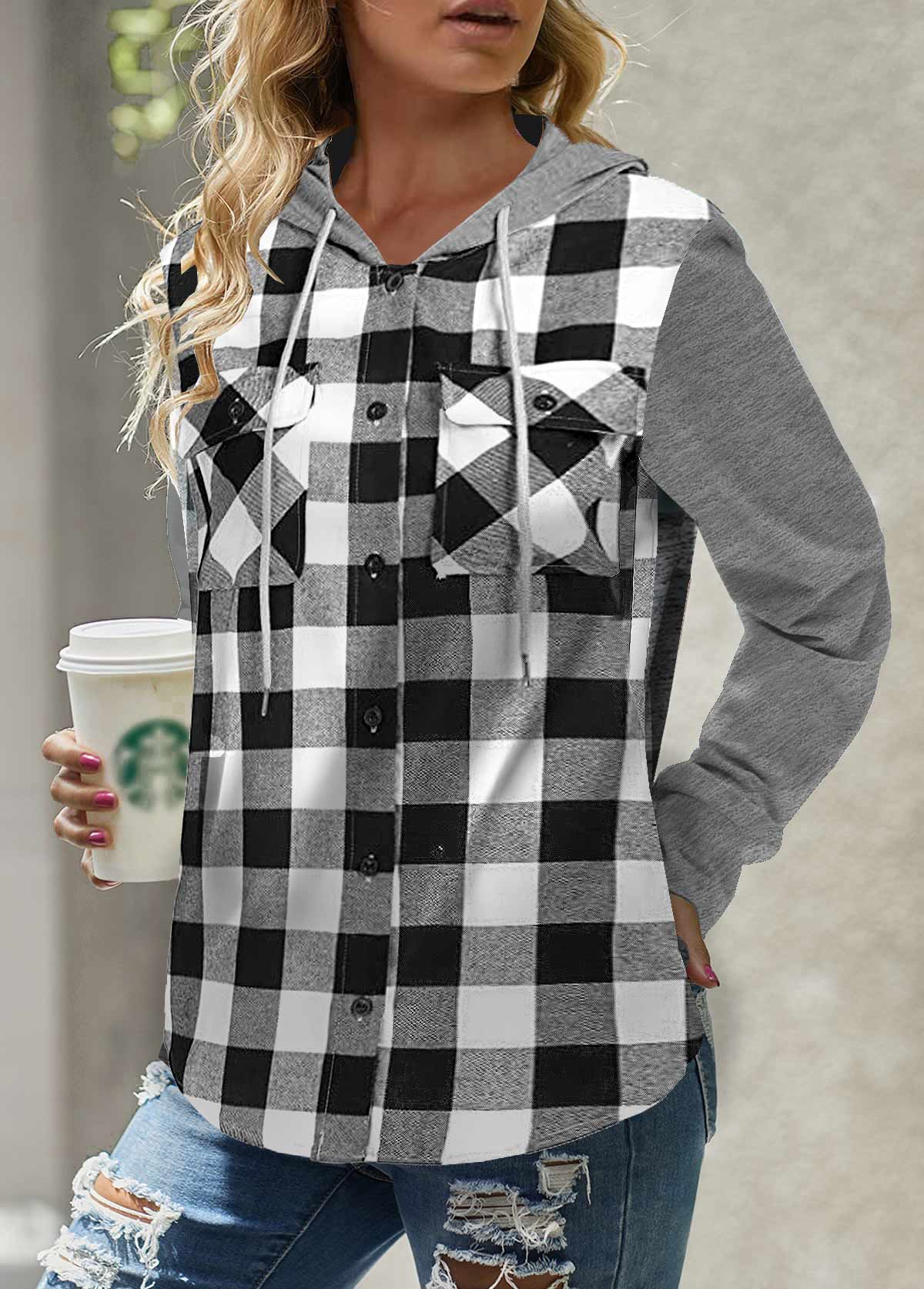 ROTITA Pocket Plaid White Long Sleeve Hoodie