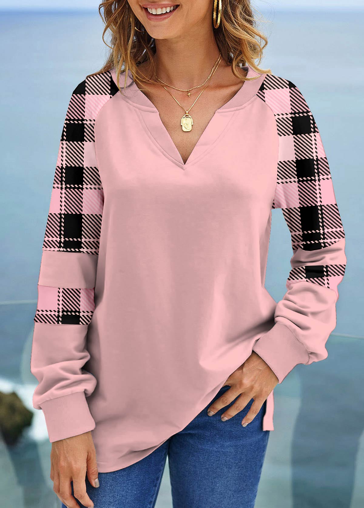 ROTITA Tartan Print Light Pink V Neck Sweatshirt