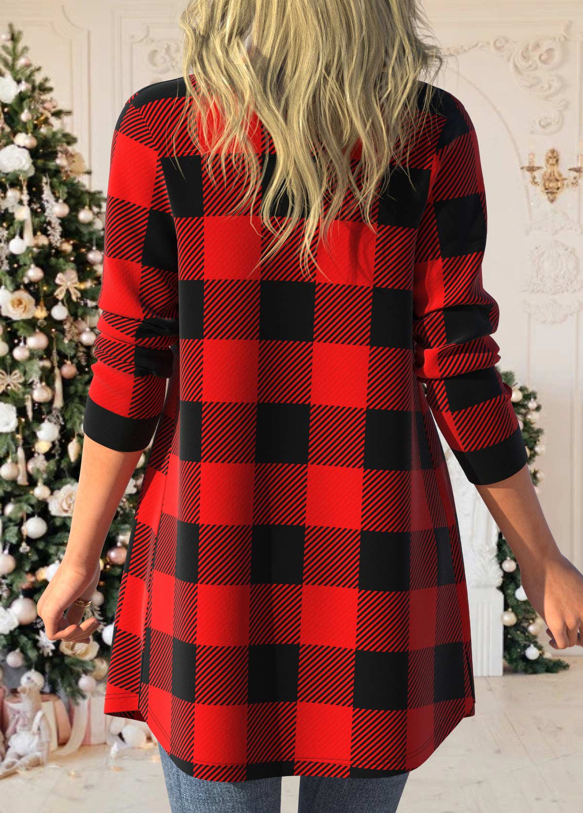 Red outerwear & coats,Plaid outerwear & coats,ROTITA Long Sleeve Red Tartan Print Coat