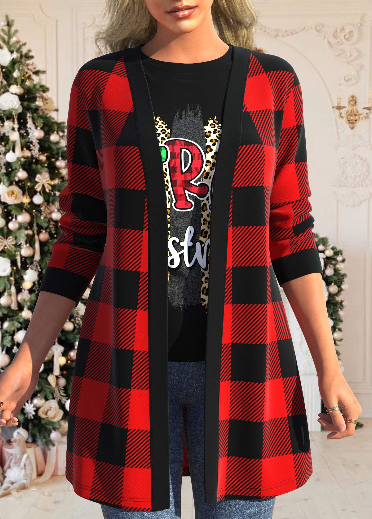 Red outerwear & coats,Plaid outerwear & coats,ROTITA Long Sleeve Red Tartan Print Coat