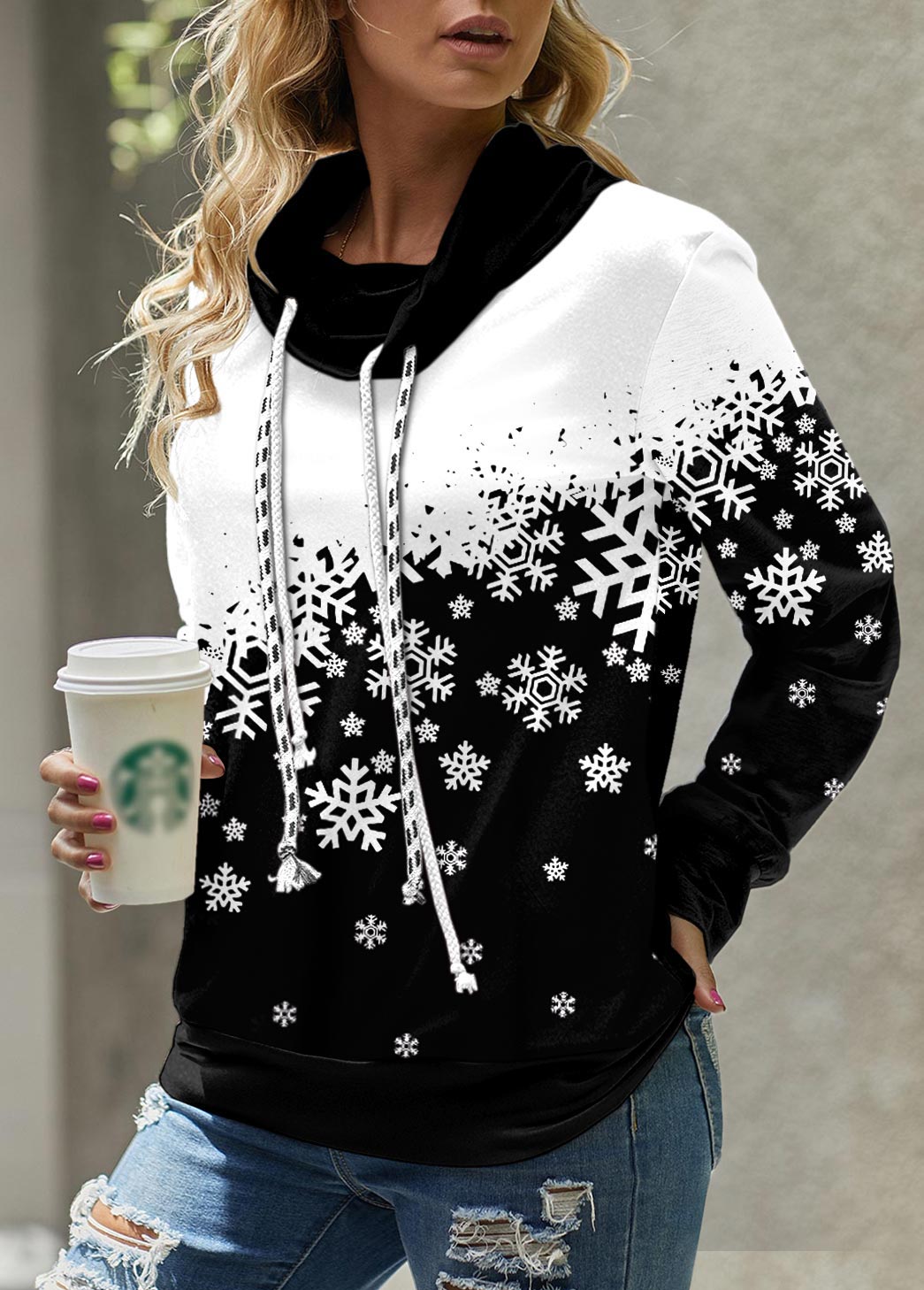 ROTITA Snowflake Print Black Cowl Neck Long Sleeve Sweatshirt
