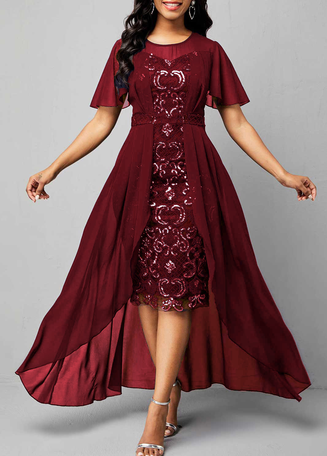 ROTITA Sequin Wine Red High Low Bodycon Dress