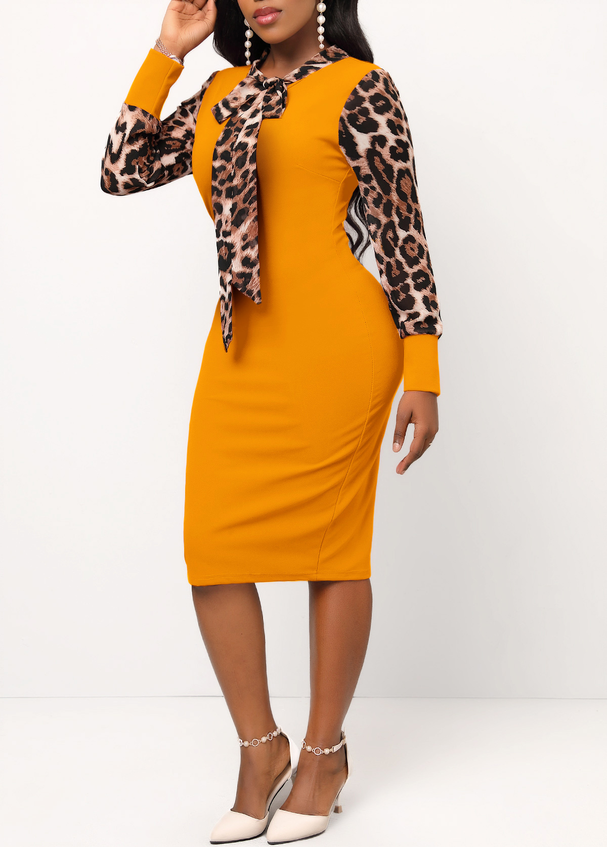 Ginger dresses,Leopard dresses,ROTITA Leopard Ginger Bowknot Long Sleeve Bodycon Dress