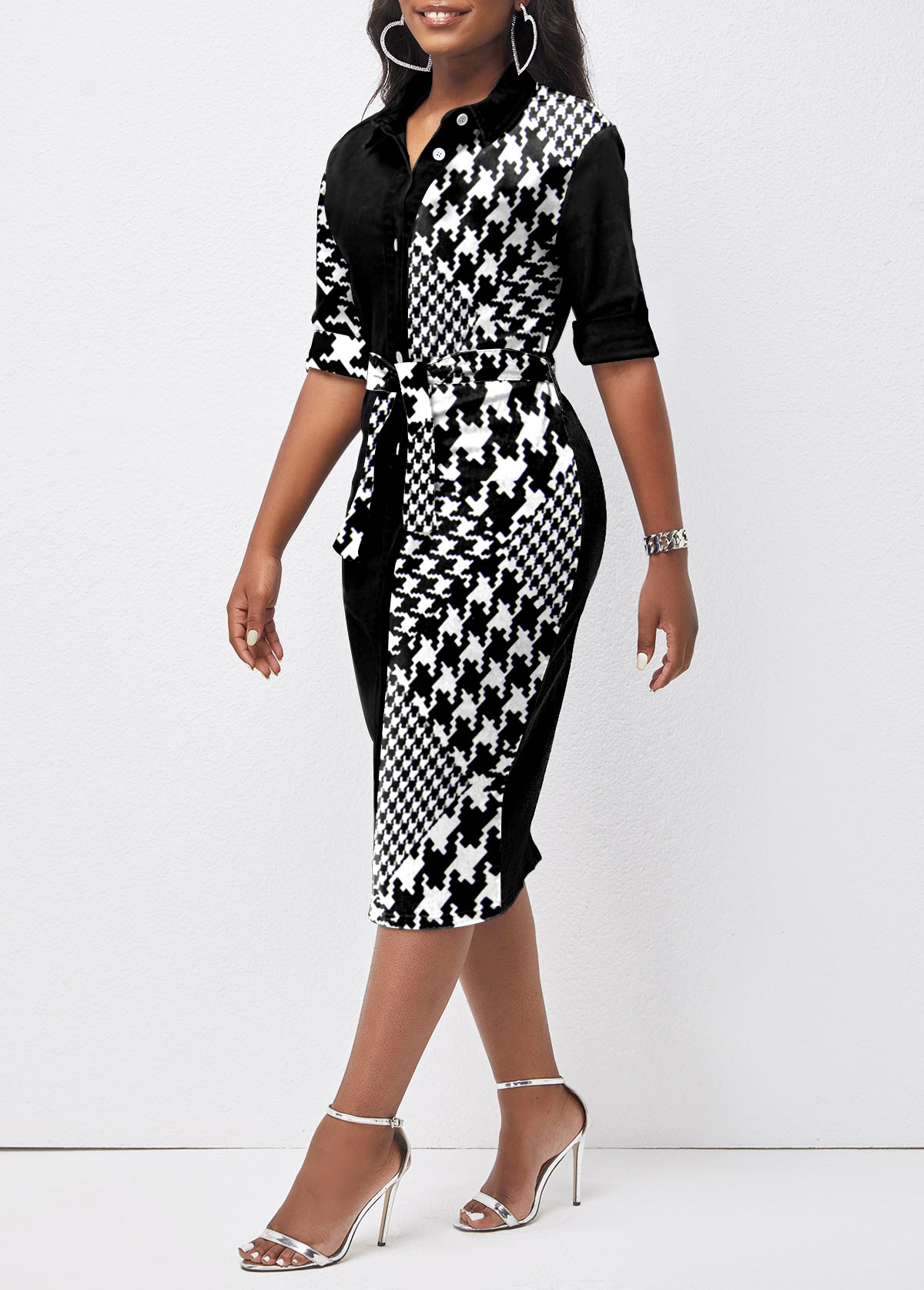 Black dresses,Houndstooth dresses,ROTITA Button Houndstooth Print Black Belted Bodycon Dress