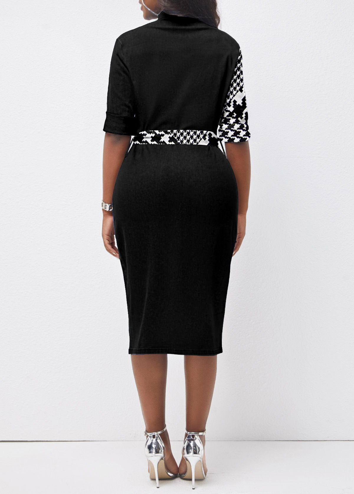 Black dresses,Houndstooth dresses,ROTITA Button Houndstooth Print Black Belted Bodycon Dress