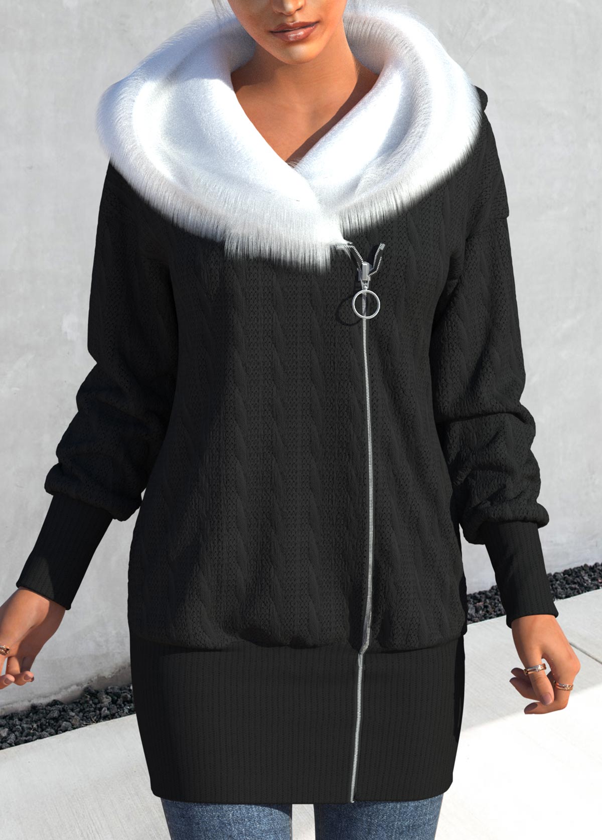 ROTITA Asymmetry Contrast Color Black Long Sleeve Coat