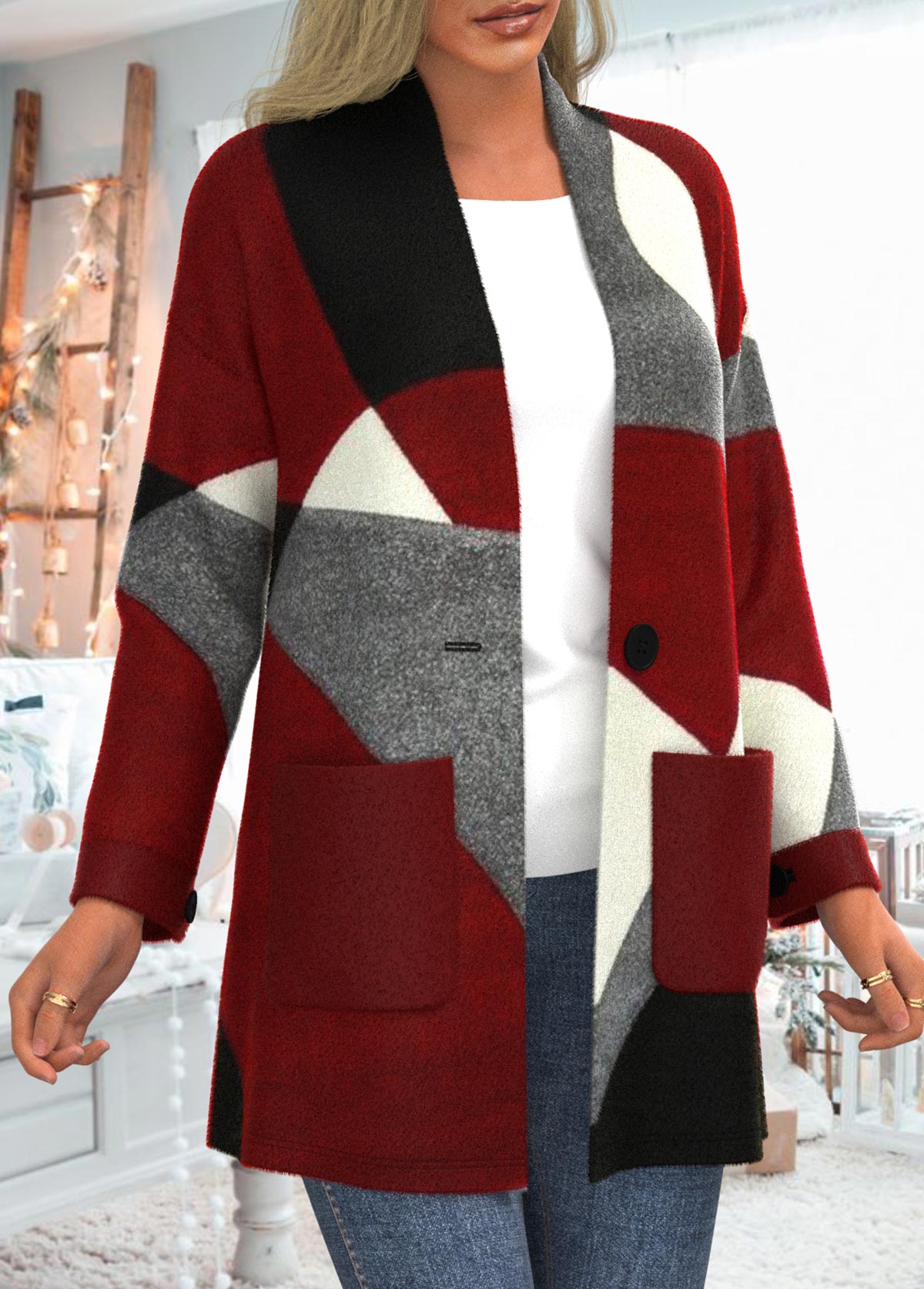 Wine Red outerwear & coats,Geometric outerwear & coats,ROTITA Pocket Geometric Print Wine Red Coat