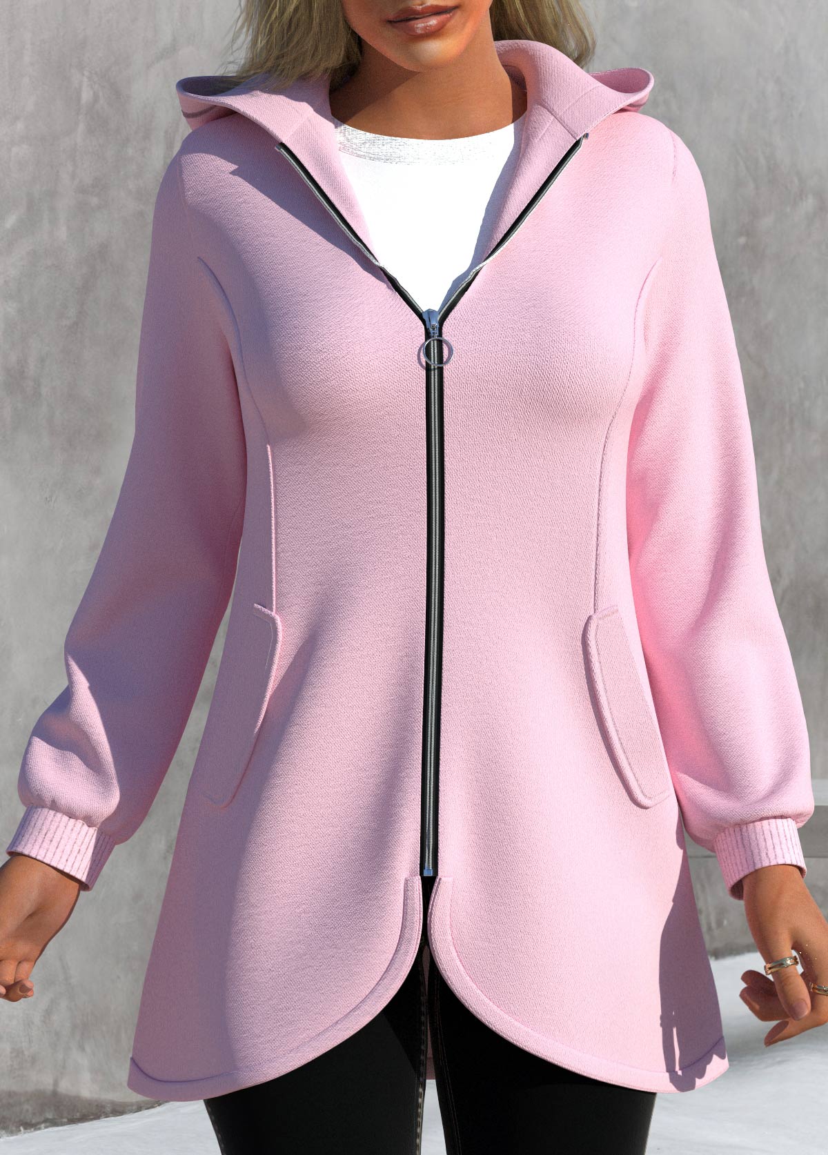 Pink outerwear & coats,Plain Color outerwear & coats,ROTITA Asymmetric Hem Pink Zipper Long Sleeve Jacket