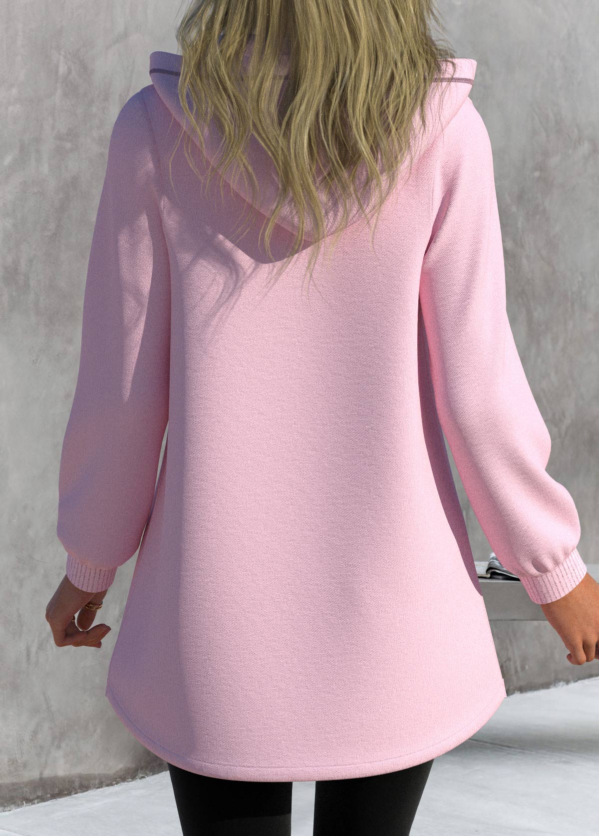 Pink outerwear & coats,Plain Color outerwear & coats,ROTITA Asymmetric Hem Pink Zipper Long Sleeve Jacket