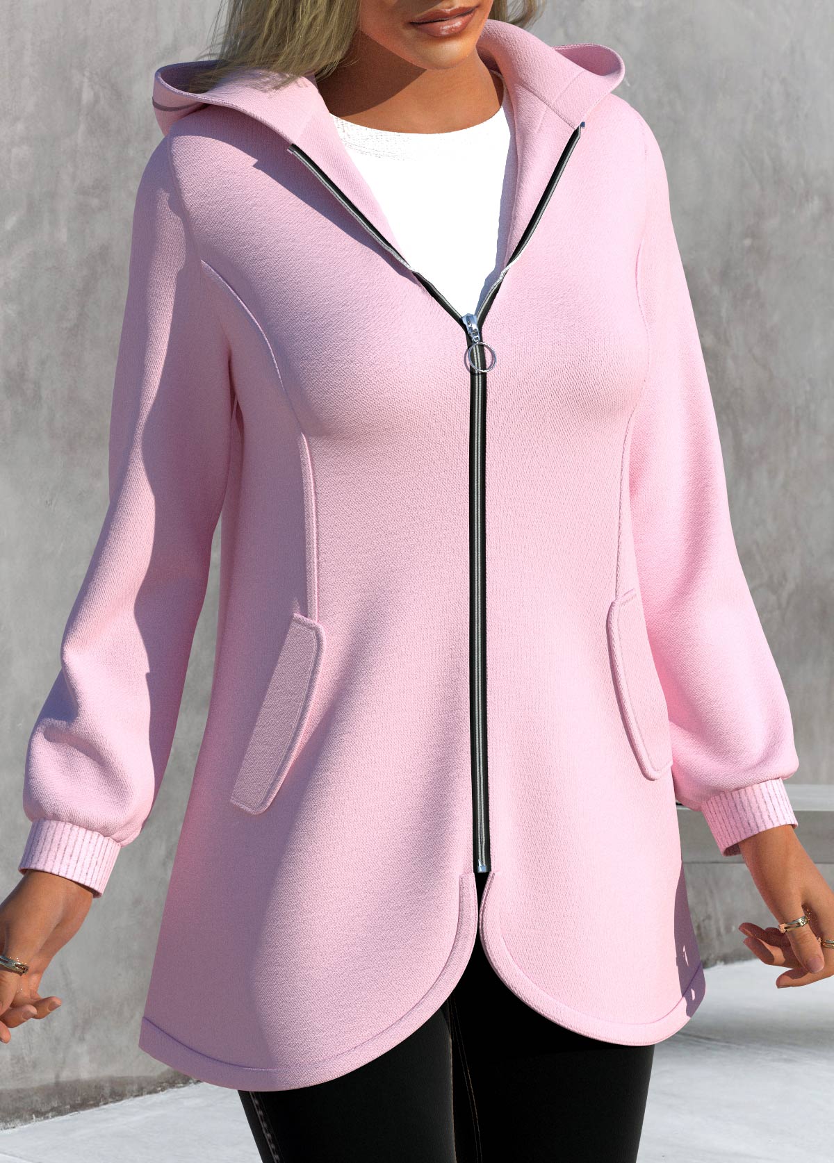 Pink outerwear & coats,Plain Color outerwear & coats,ROTITA Asymmetric Hem Pink Zipper Long Sleeve Jacket