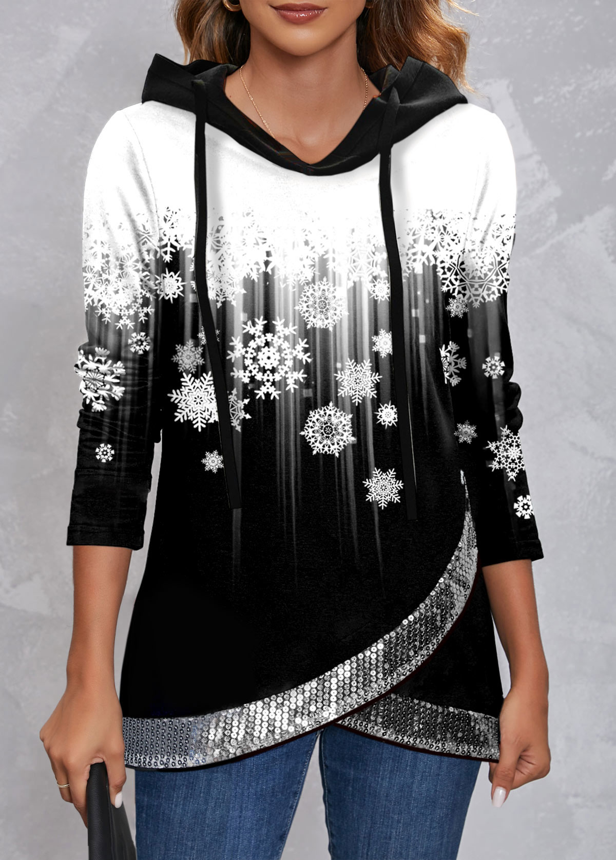 ROTITA Christmas Snowflake Print Sequin Cross Hem Black Hoodie