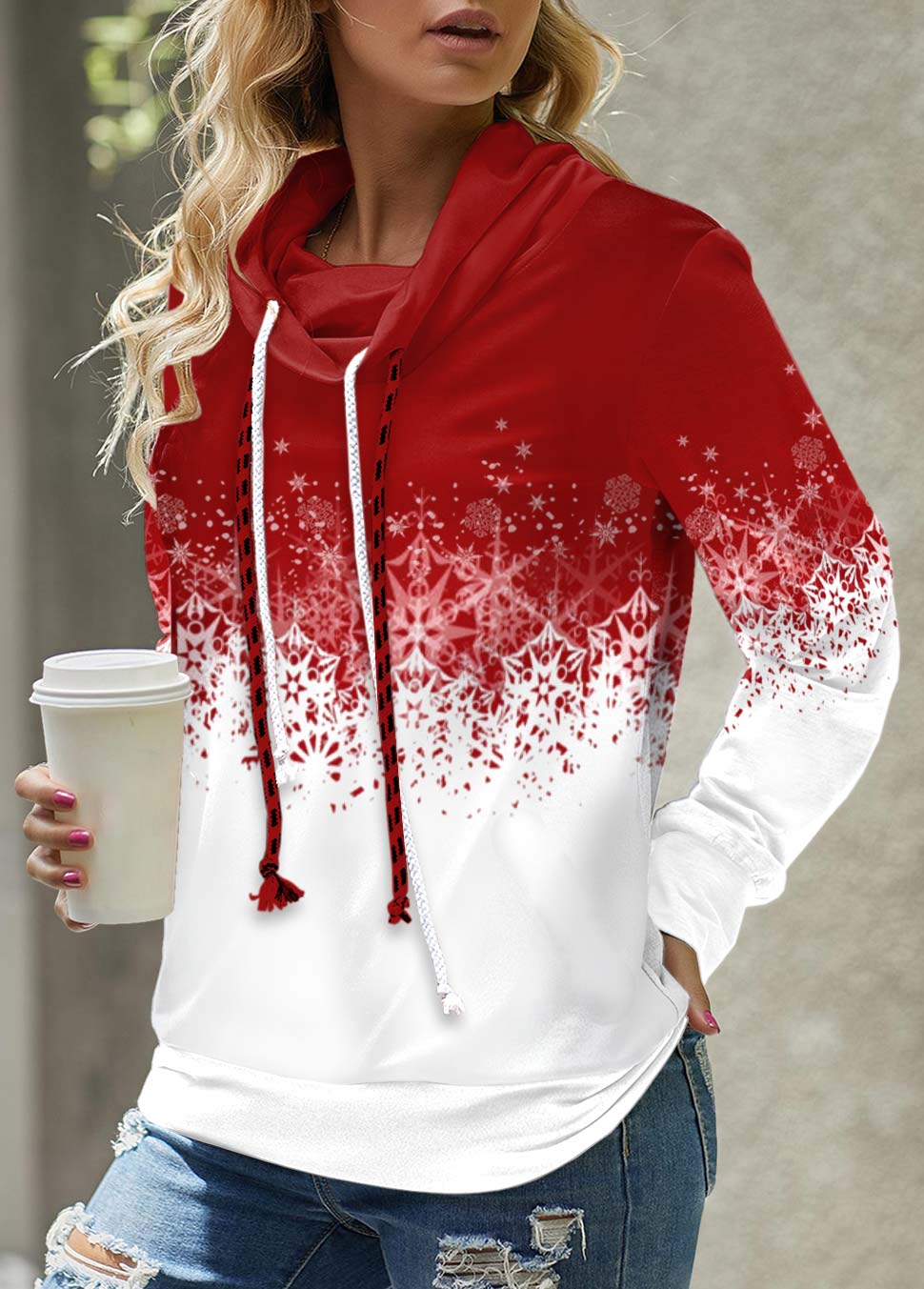 ROTITA Red Christmas Snowflake Print Drawstring Sweatshirt