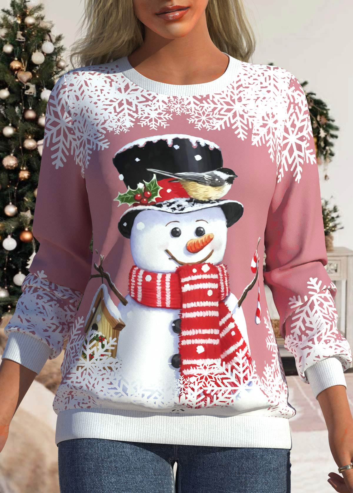 ROTITA Christmas Snowflake Print Long Sleeve Pink Sweatshirt