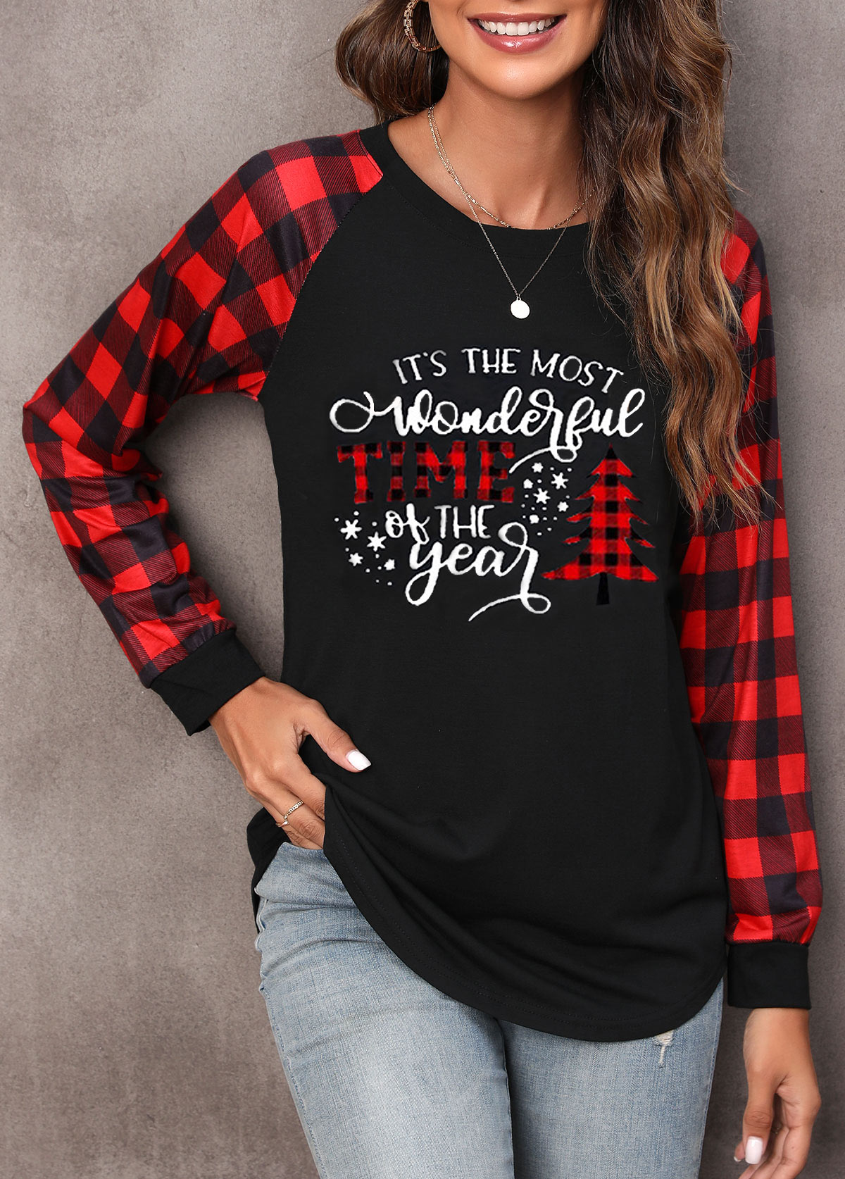 Red tops,Christmas tops,Letter tops,Plaid tops,Christmas Print Round Neck Red Long Sleeve Sweatshirt