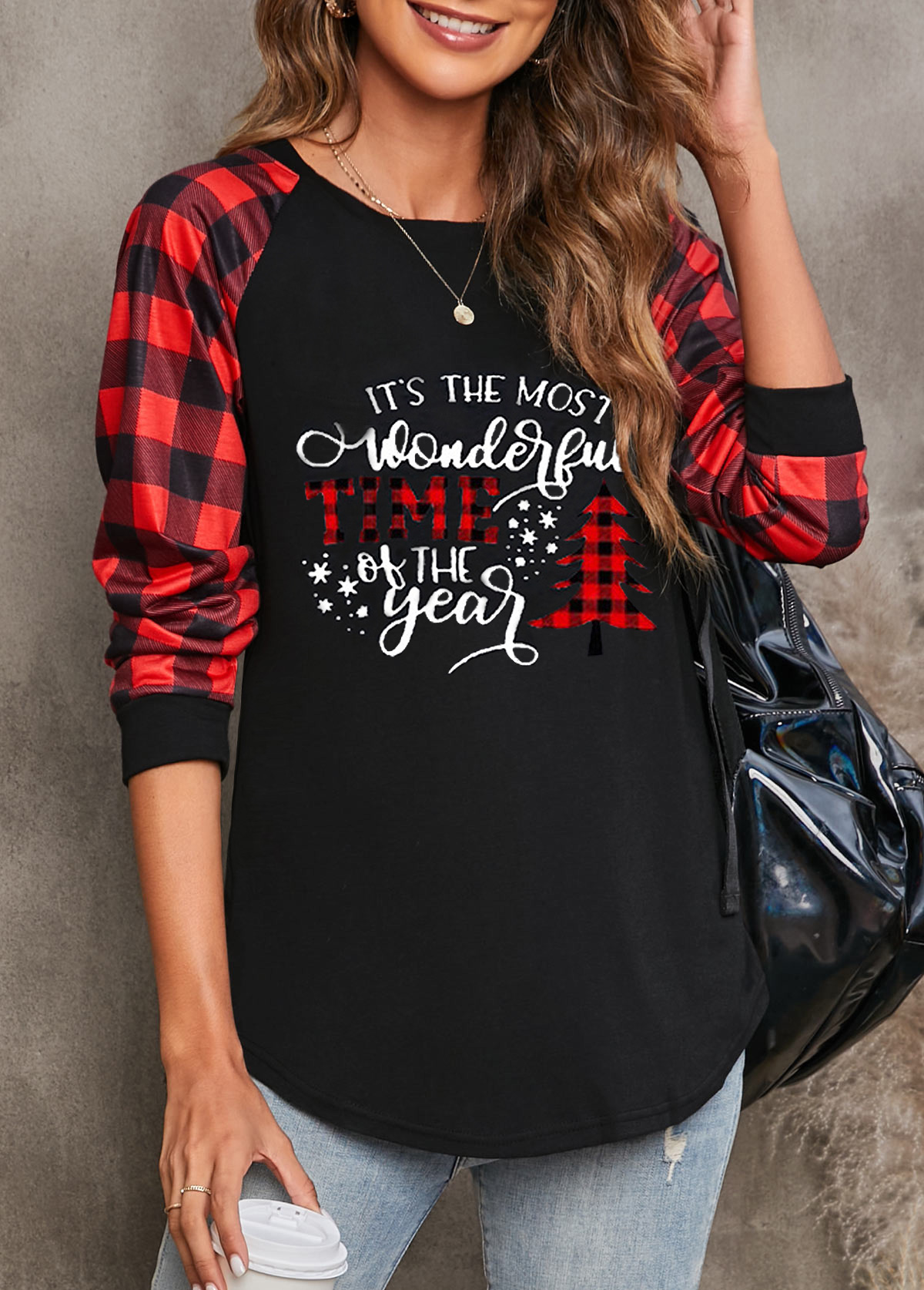 Red tops,Christmas tops,Letter tops,Plaid tops,Christmas Print Round Neck Red Long Sleeve Sweatshirt