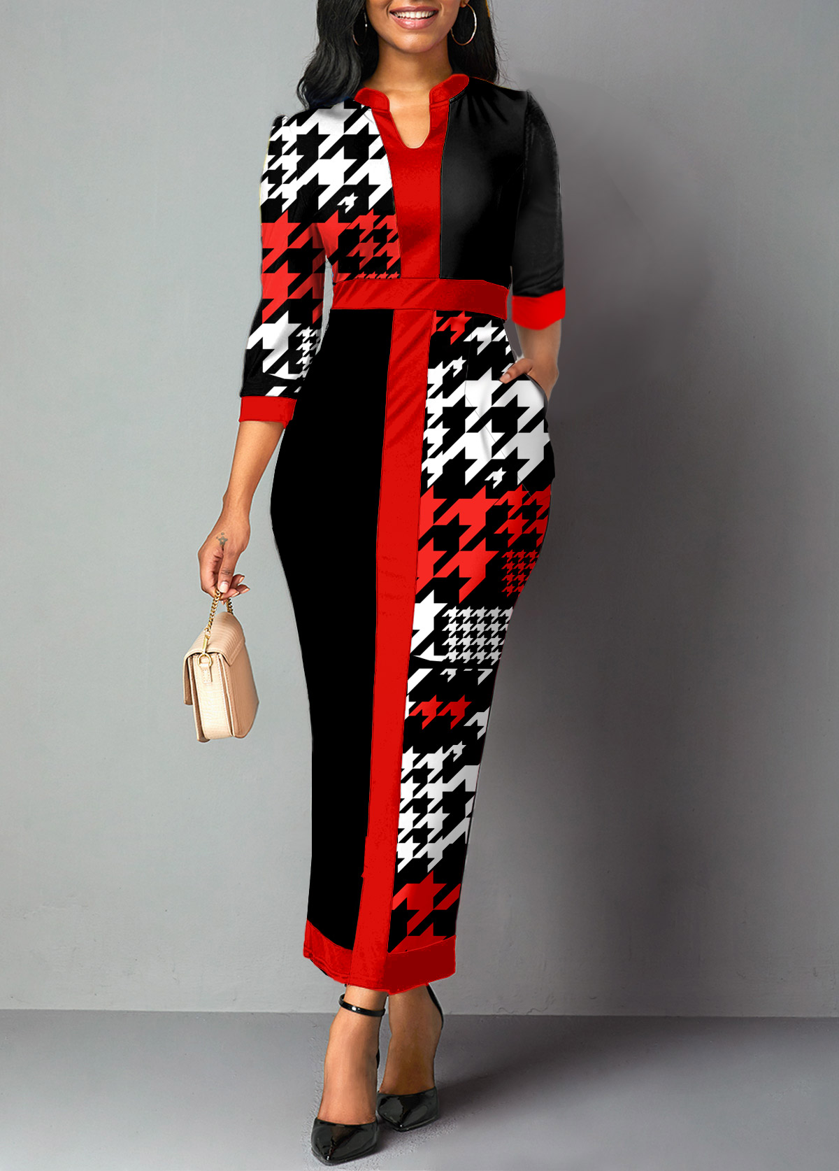 Black dresses,Houndstooth dresses,ROTITA Split Neck Black Bodycon Houndstooth Print Dress