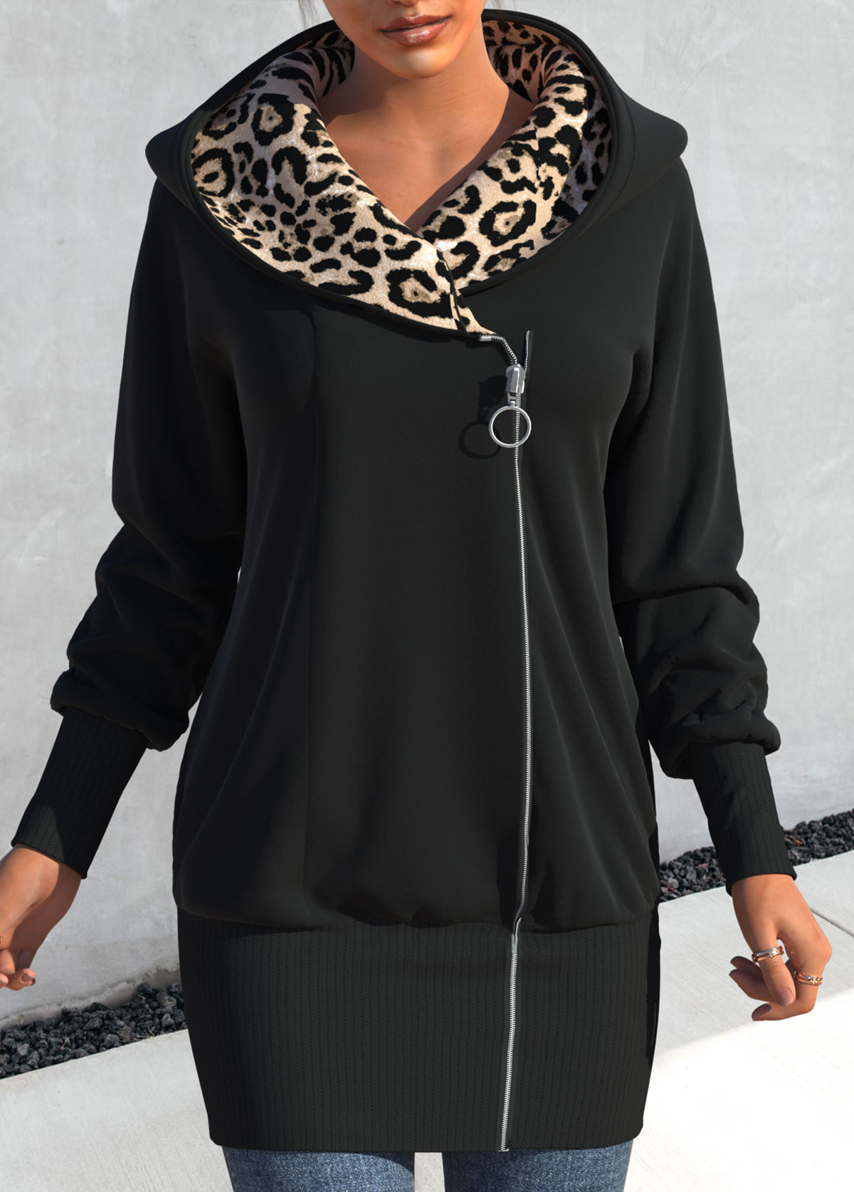 ROTITA Zipper Leopard Black Hooded Long Sleeve Coat
