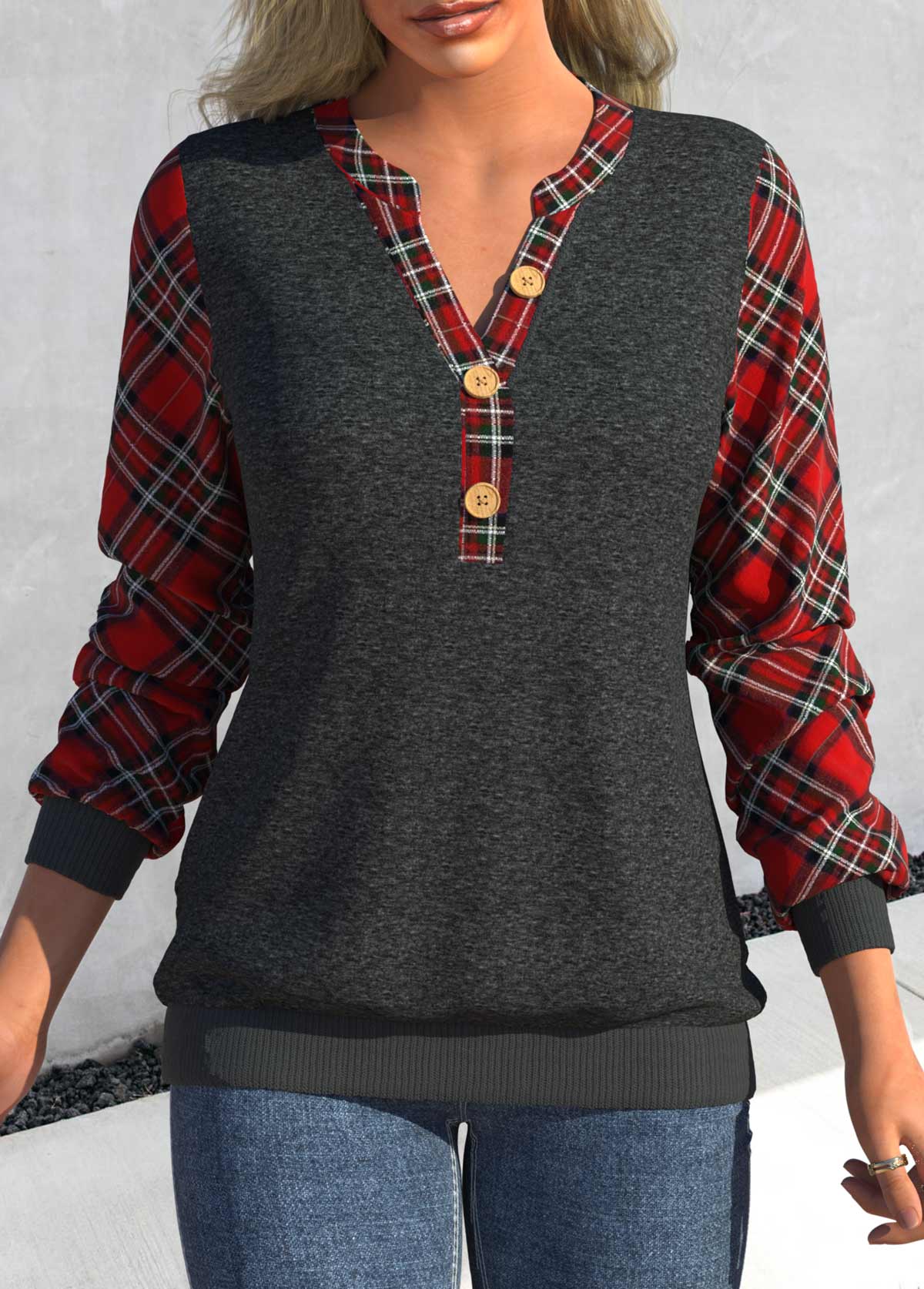 Dark Grey Marl tops,Plaid tops,ROTITA Button Tartan Print Dark Grey Marl Sweatshirt