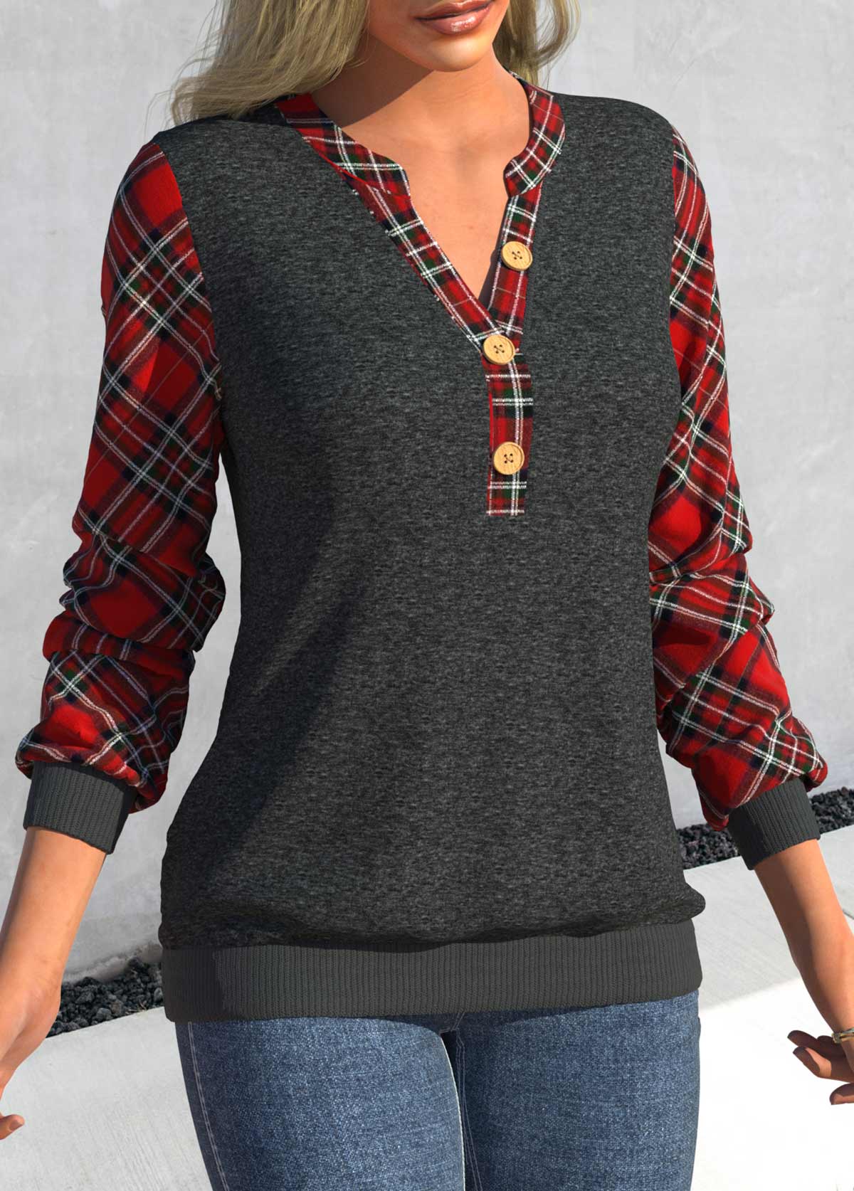 Dark Grey Marl tops,Plaid tops,ROTITA Button Tartan Print Dark Grey Marl Sweatshirt