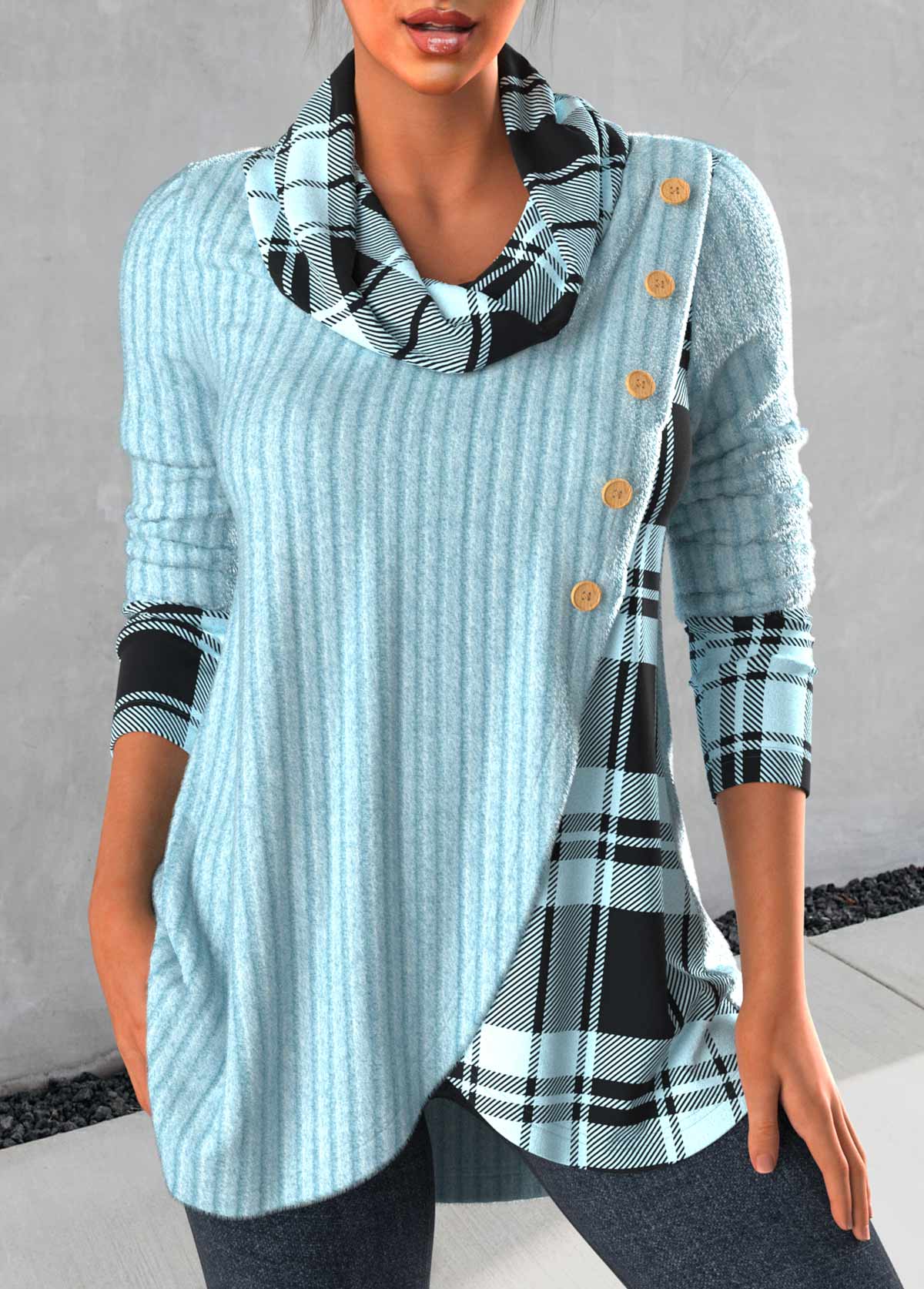 Light Blue tops,Plaid tops,ROTITA Cross Hem Tartan Print Light Blue Sweatshirt