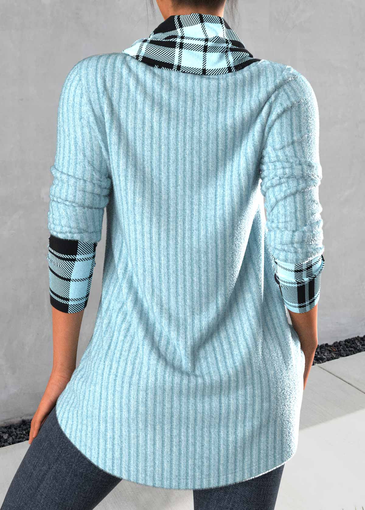 Light Blue tops,Plaid tops,ROTITA Cross Hem Tartan Print Light Blue Sweatshirt