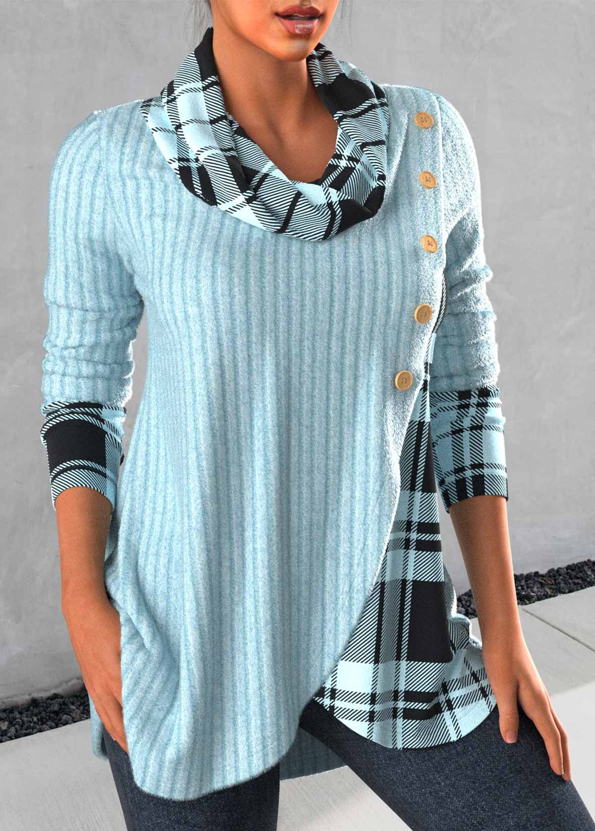 Light Blue tops,Plaid tops,ROTITA Cross Hem Tartan Print Light Blue Sweatshirt