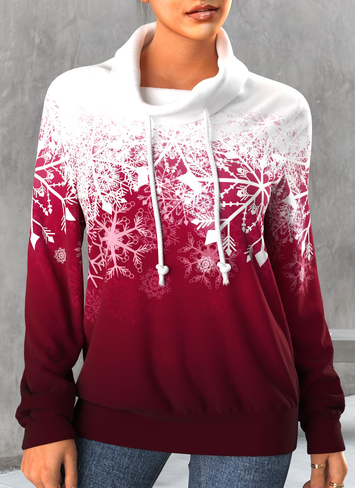 ROTITA Snowflake Print Wine Red Christmas Cowl Neck Sweatshirt