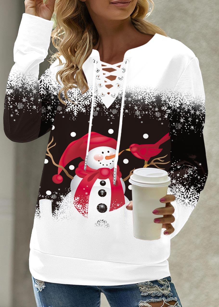 Black tops,Christmas tops,ROTITA Christmas Print Black Lace Up Collar Sweatshirt