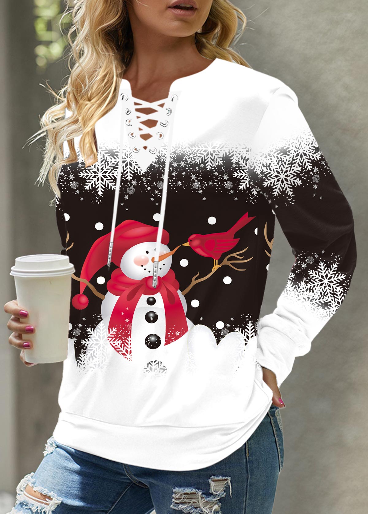 Black tops,Christmas tops,ROTITA Christmas Print Black Lace Up Collar Sweatshirt