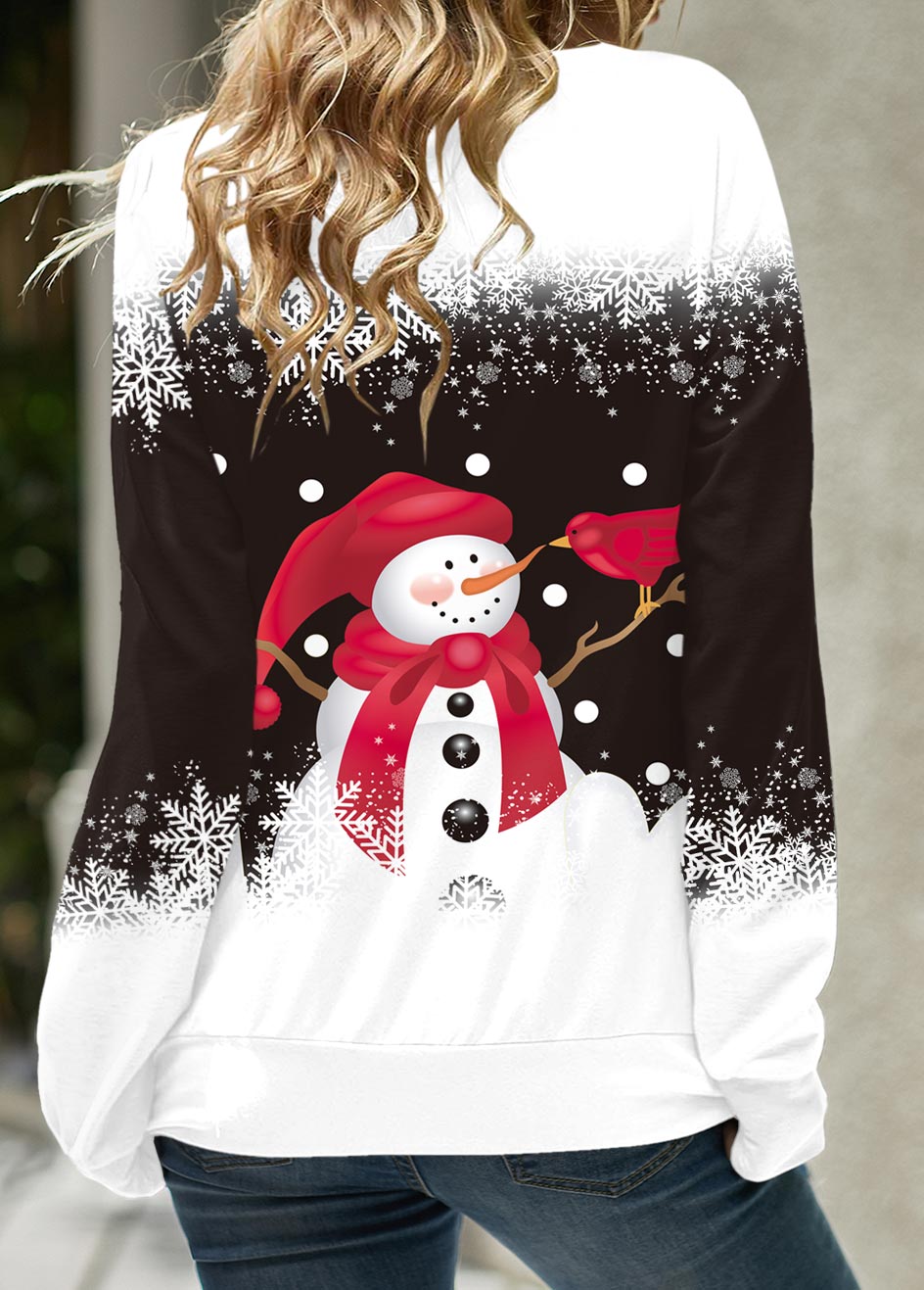 Black tops,Christmas tops,ROTITA Christmas Print Black Lace Up Collar Sweatshirt