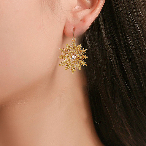 Snowflake Christmas Rhinestone Detail Gold Earrings