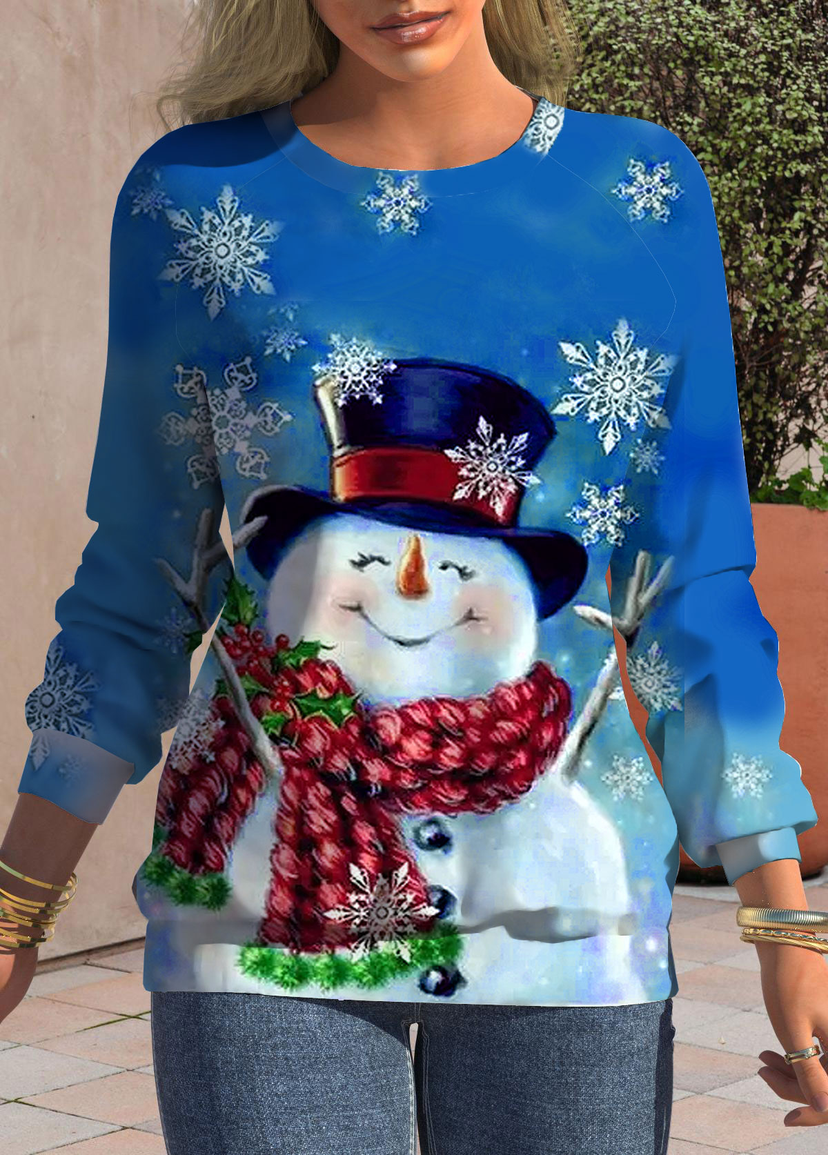 Blue tops,Christmas tops,Snowman Print Blue Round Neck Christmas Sweatshirt