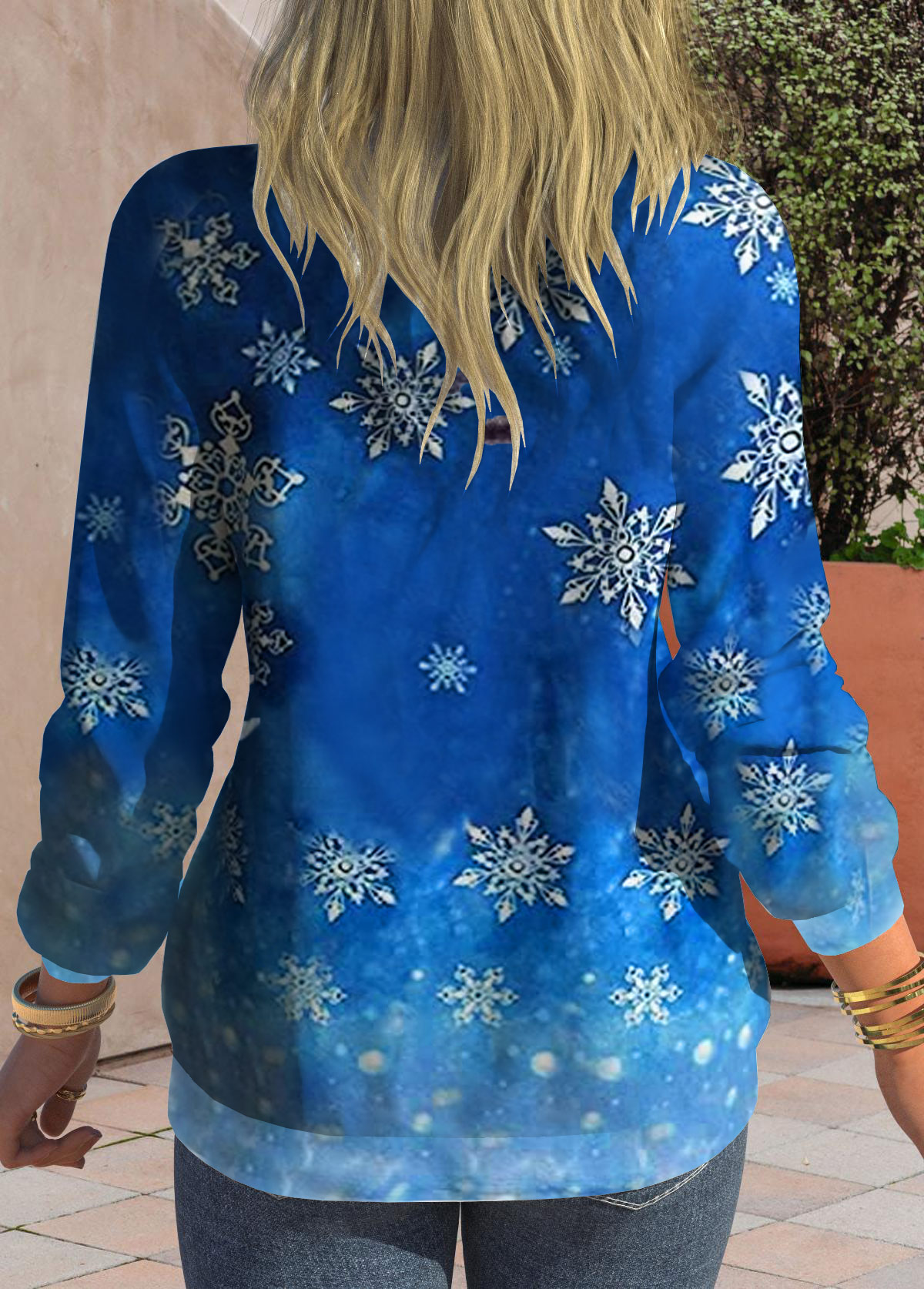 Blue tops,Christmas tops,Snowman Print Blue Round Neck Christmas Sweatshirt