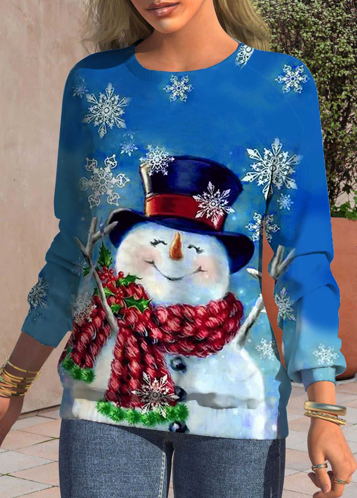 Blue tops,Christmas tops,Snowman Print Blue Round Neck Christmas Sweatshirt