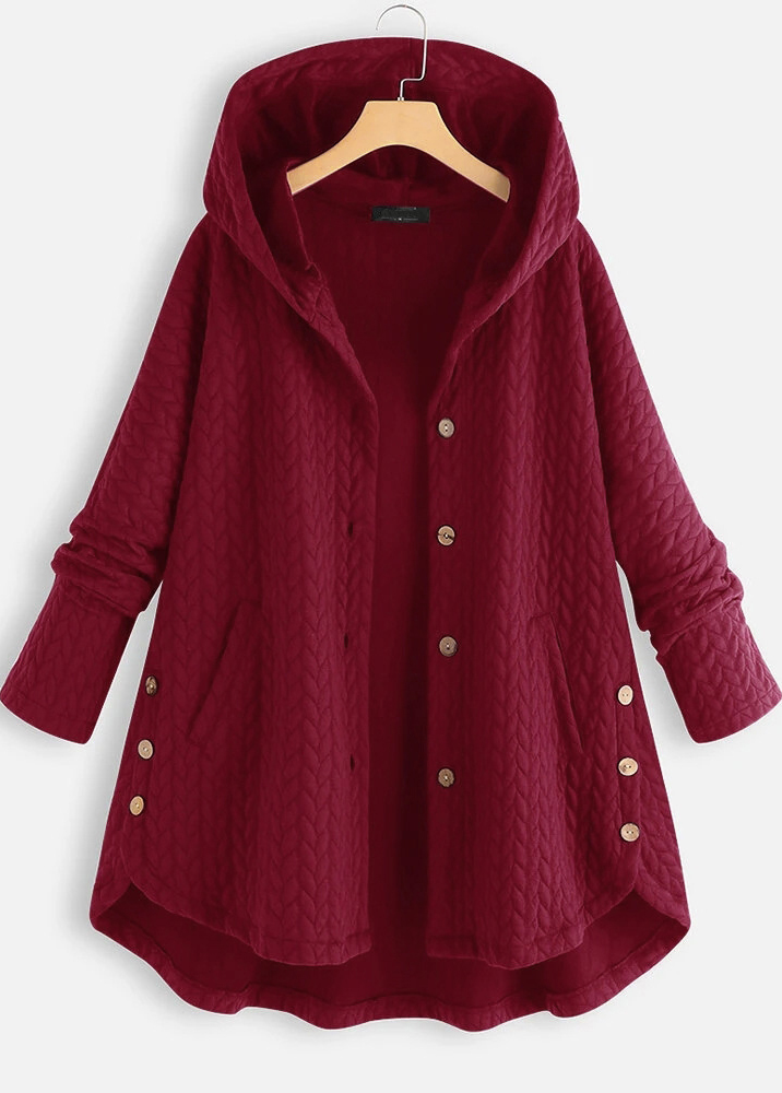 Pocket Deep Red Hooded Long Sleeve Coat