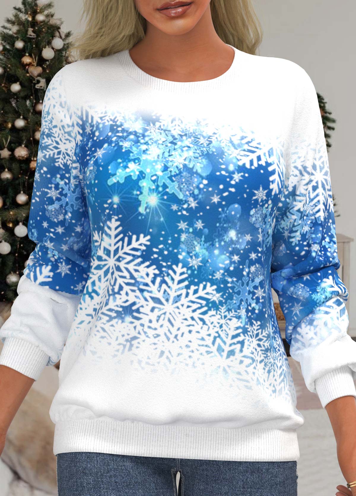 White tops,Christmas tops,ROTITA Snowflake Print White Round Neck Long Sleeve Sweatshirt