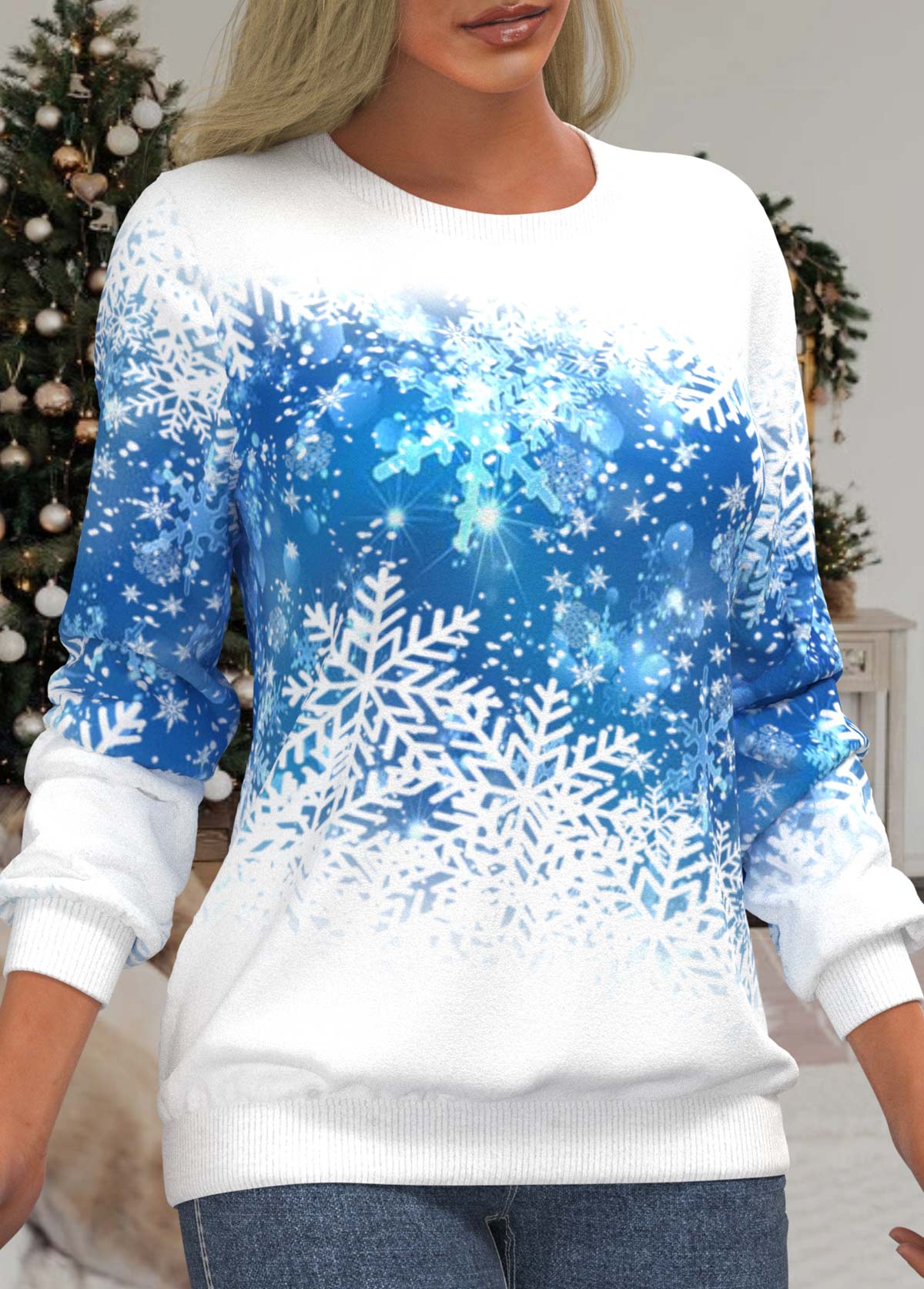 White tops,Christmas tops,ROTITA Snowflake Print White Round Neck Long Sleeve Sweatshirt